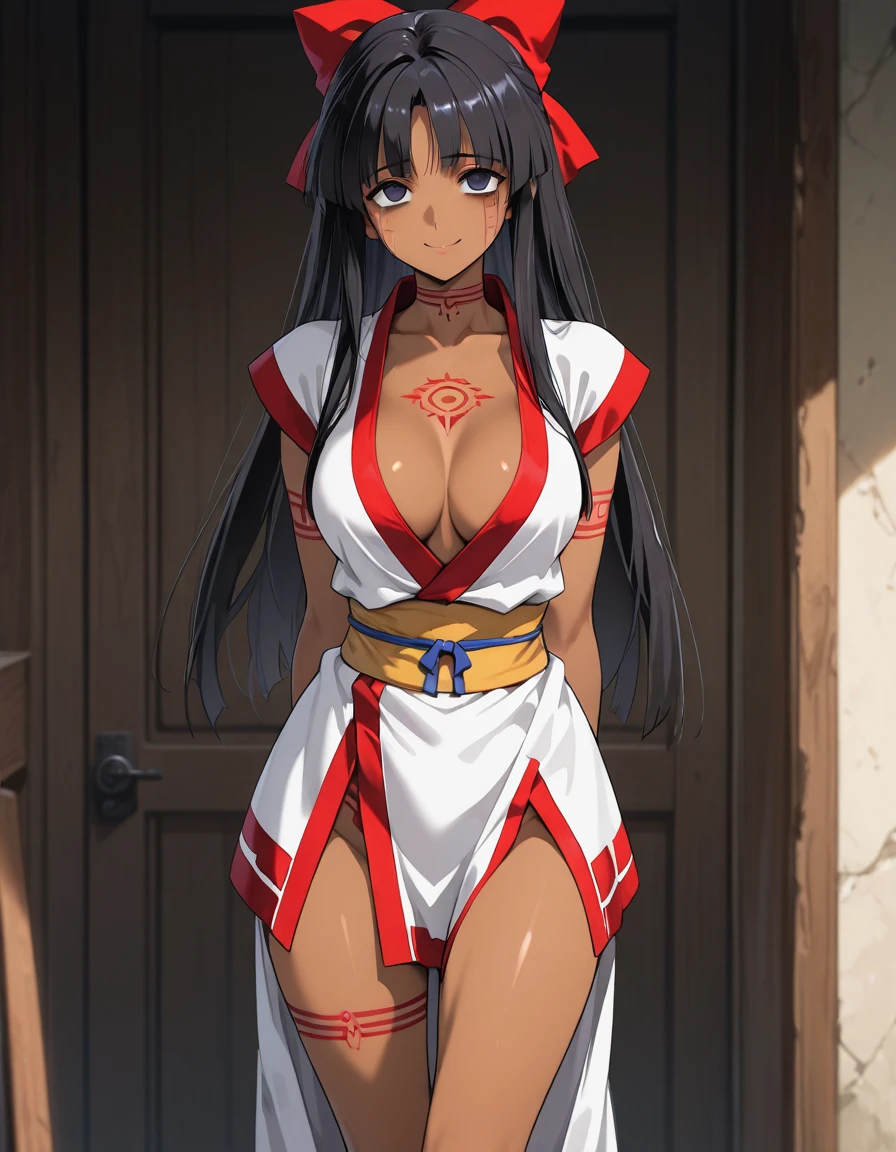 masterpiece, best quality, anime screeshot, a close photo, 1 girl, solo, standing, long hair, black hair, violet eyes,high ponytail, parted bangs, Red hair ribbon, red hakama and white kimono, ???????????, ??????????????, looking_at_viewer, expressionless, upper_body, dark skin, ((Village background:1.0)), (dark skin: 1.2)), 