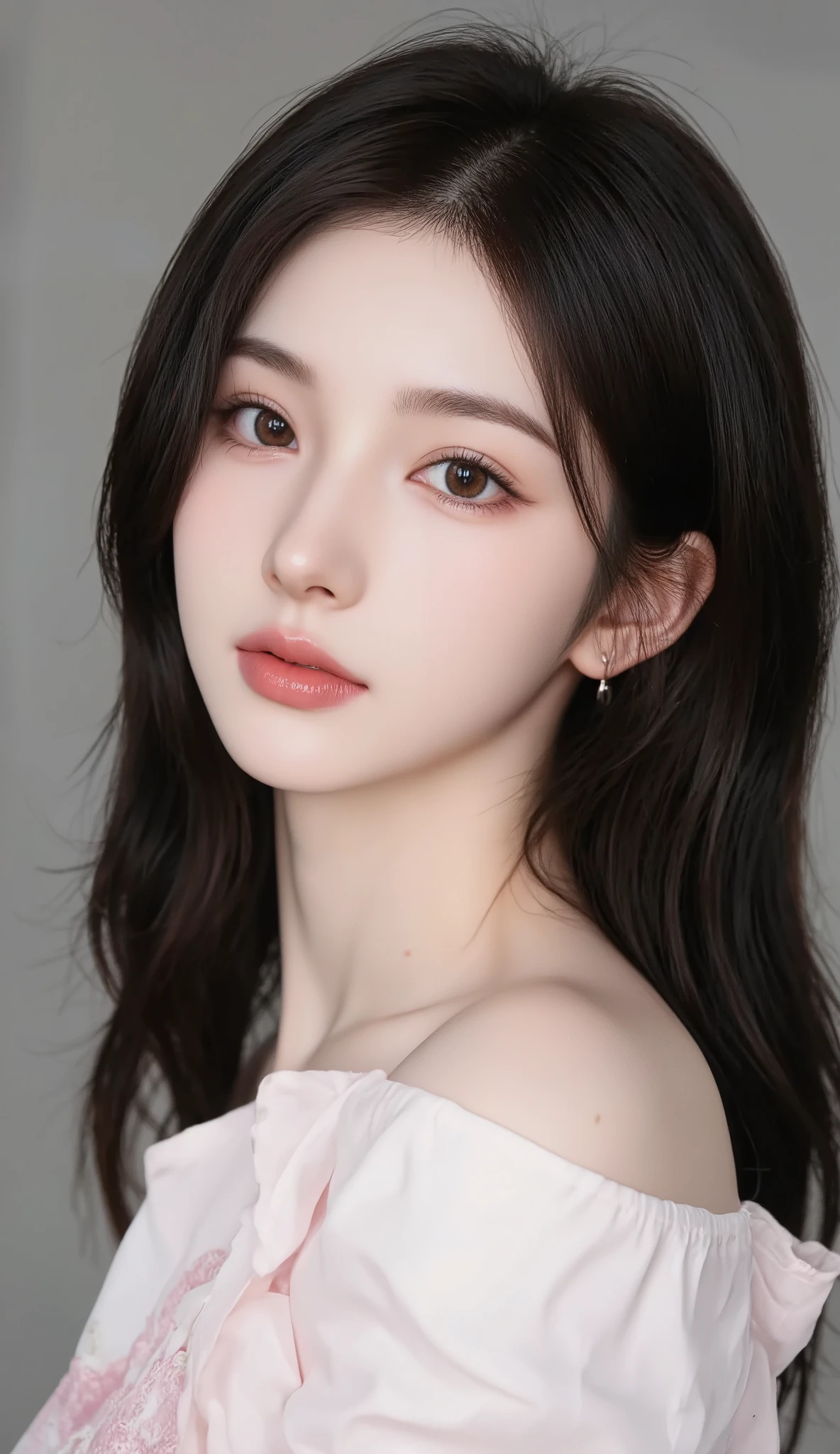 Create an ultra-realistic 16-year-old Korean female K-Pop idol with an extreme 99% Korean Beauty Standard score in a 9:16 portrait composition, focusing on hyper-precise facial proportions and a teens-friendly idol aura: an exceptionally small and perfectly symmetrical V-line face with flawless porcelain skin and a soft matte glow, ultra-smooth texture without blemishes, golden-ratio facial balance, large natural double eyelids with a clean upper crease, big bright doe-eyes with a slight feline tilt, long straight curled lashes, soft straight Korean-style brows with perfect alignment, subtle aegyo-sal, a high and narrow nose bridge with a refined and naturally pointed tip, a slim S-curve nose line, a small neat philtrum, soft heart-shaped lips with a delicate cupid’s bow and natural gradient tint, and an elegant gently tapered jawline; her expression should be calm, fresh, bright, and youthful, capturing the purity and innocence of a 16-year-old trainee while maintaining top-tier visual charisma; full body proportions include height 160–168 cm, long legs, naturally slim build with healthy teenage proportions, gentle soft lines, straight posture, clean body curves appropriate for her age, and graceful movement; hairstyle should be long silky black or dark brown hair with straight glossy strands that flow neatly; teen-appropriate Korean idol makeup with light pink touches, minimal eyeliner, subtle blush, almost no contouring, and a fresh dewy highlight; outfit should match the style based on the reference photo provided in Gemini, recreated as a modest, clean, teens-friendly K-Pop stage or photoshoot styling with soft colors and simple accessories; lighting must be bright and studio-quality, emphasizing symmetry, clarity, and high-definition detail with a shallow cinematic depth-of-field; the final image should radiate elite visual-center energy, innocent yet charismatic trainee aura, and the highest level of Korean beauty standard perfection at 99% without any mature