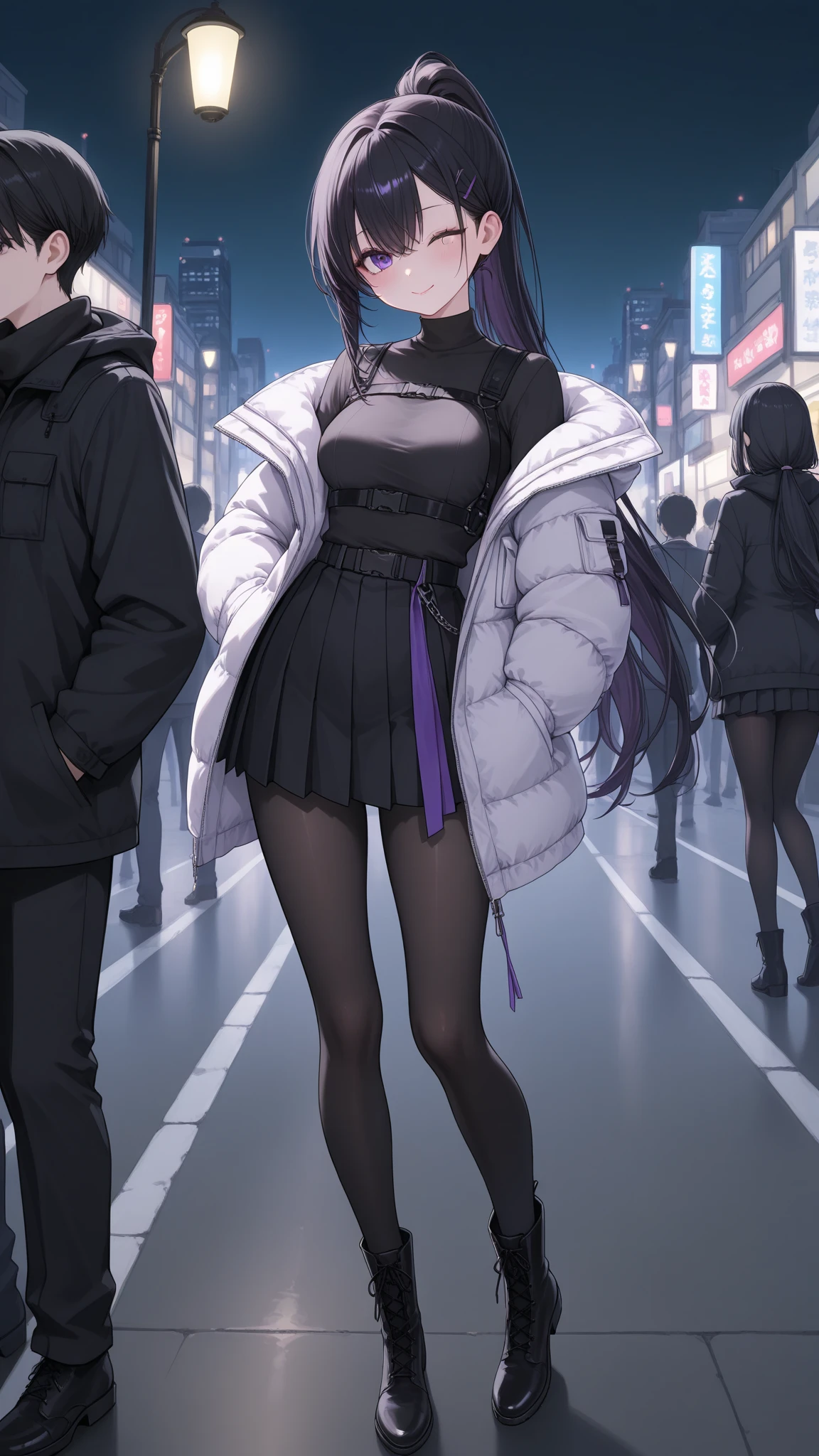 (masterpiece:1.37), best quality, (extremely detailed:1.37) woman, (mature:1.75), (adult:1.5), (very long hair:1.5), dark purple hair, purple eyes, (extremely detailed eyes:1.37), stylish hoodie, jeans, (wetting herself:2.0), standing straight, full body day, daytime, glow, facing viewer, perfect composition, full body, city, street