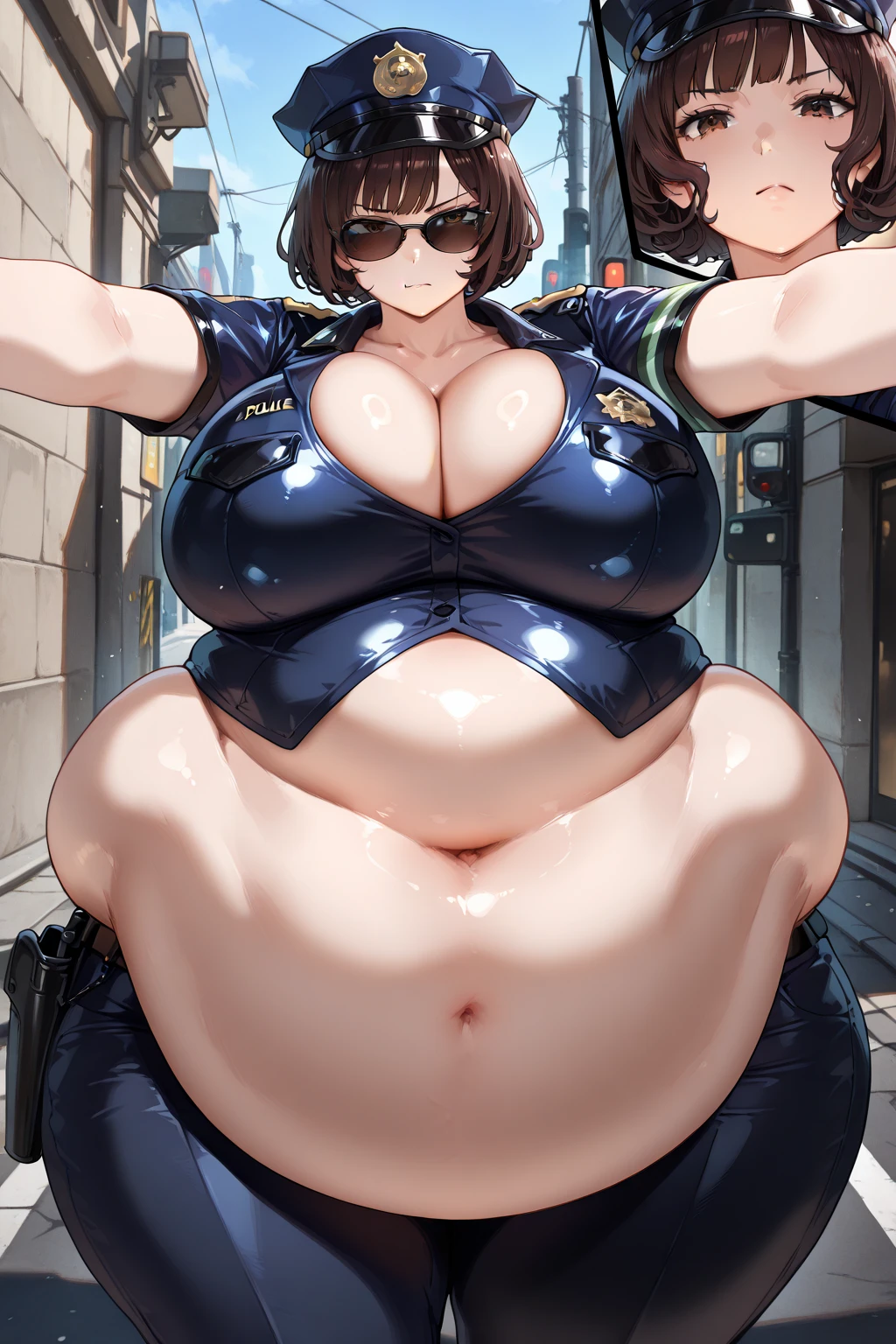 (Perfect body),Best Quality,(8K Portrait),(masuter piece)、(Official art),Police Woman、Police Hat、blush,Sweat,(((large udder)))、((Big ass))、(Navy blue leotard)、(White knee socks)、(Black hair),((bob cuts))、Yellow eyes,((thick thighs))、Adult Woman、Cowboy Shot、(((spreading legs)))、((((:o))))、(In the street)、(is crying)、(Shocked)、(((M leg)))、((((Chibi))))、(Arms behind your body)、sitting on、