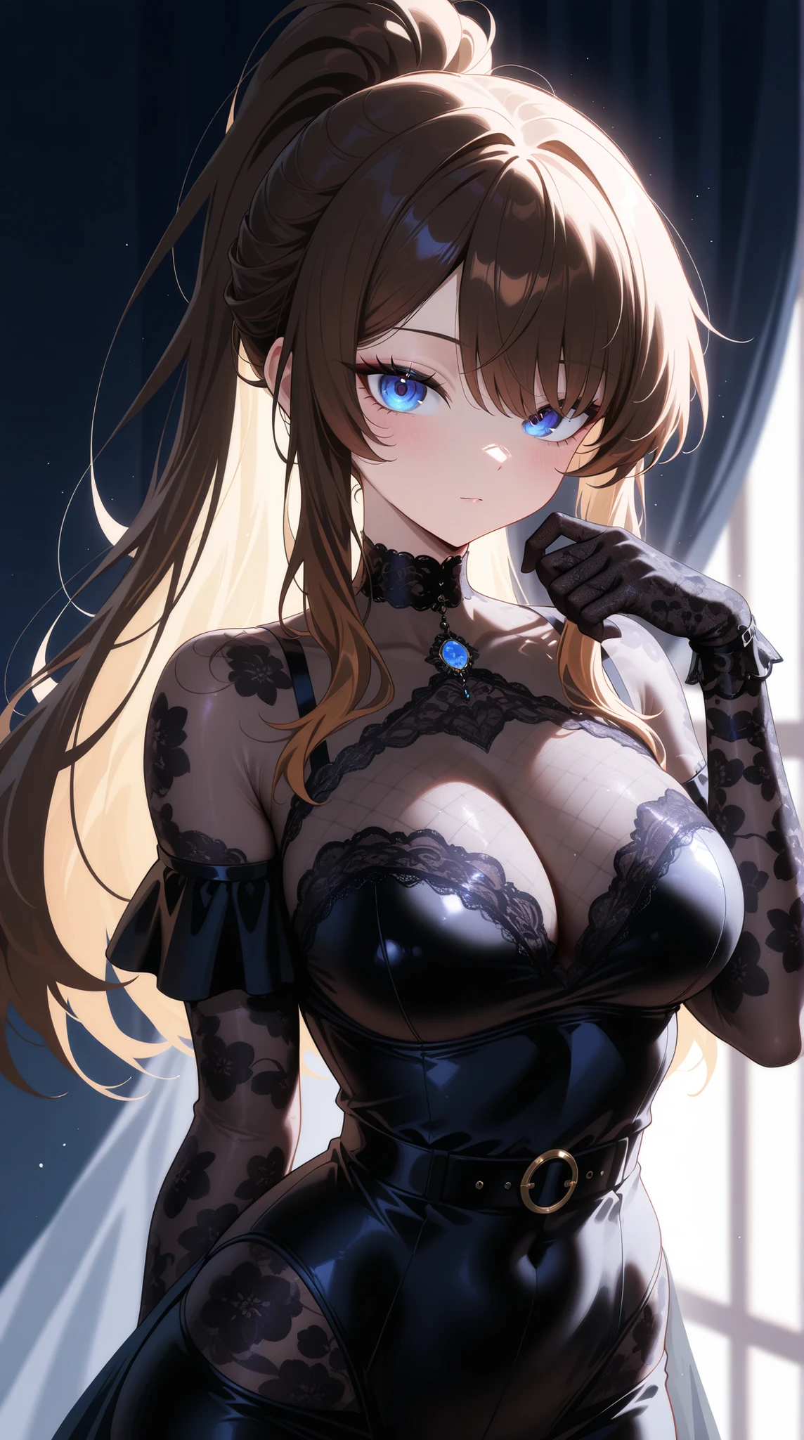 and up to a sign with ghosts, detailed explanation, vivid, visiosomni, Gothic_Egirl, Alone Female Protagonist, Medium Brown Hair, shining blue eyes, Black Lace See-Through Costume, Elegant Sheer Neck and Arms, Slightly See-through Chest Design, Soft lighting just for the shirt, Attractive Curves, action pose, black lace gloves, Confident Expression, long ponytail