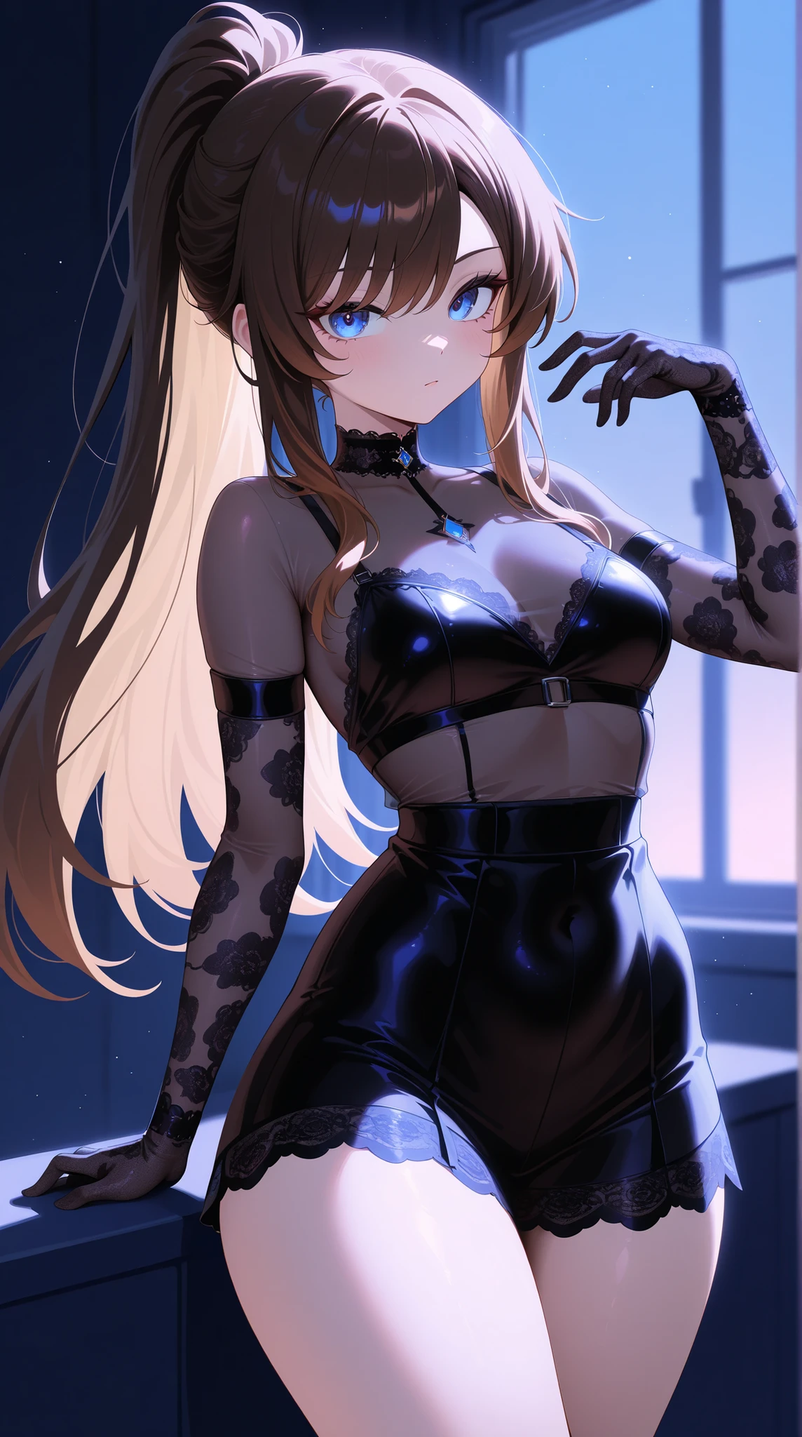 and up to a sign with ghosts, detailed explanation, vivid, visiosomni, Gothic_Egirl, Alone Female Protagonist, Medium Brown Hair, shining blue eyes, Black Lace See-Through Costume, Elegant Sheer Neck and Arms, Slightly See-through Chest Design, Soft lighting just for the shirt, Attractive Curves, action pose, black lace gloves, Confident Expression, long ponytail
