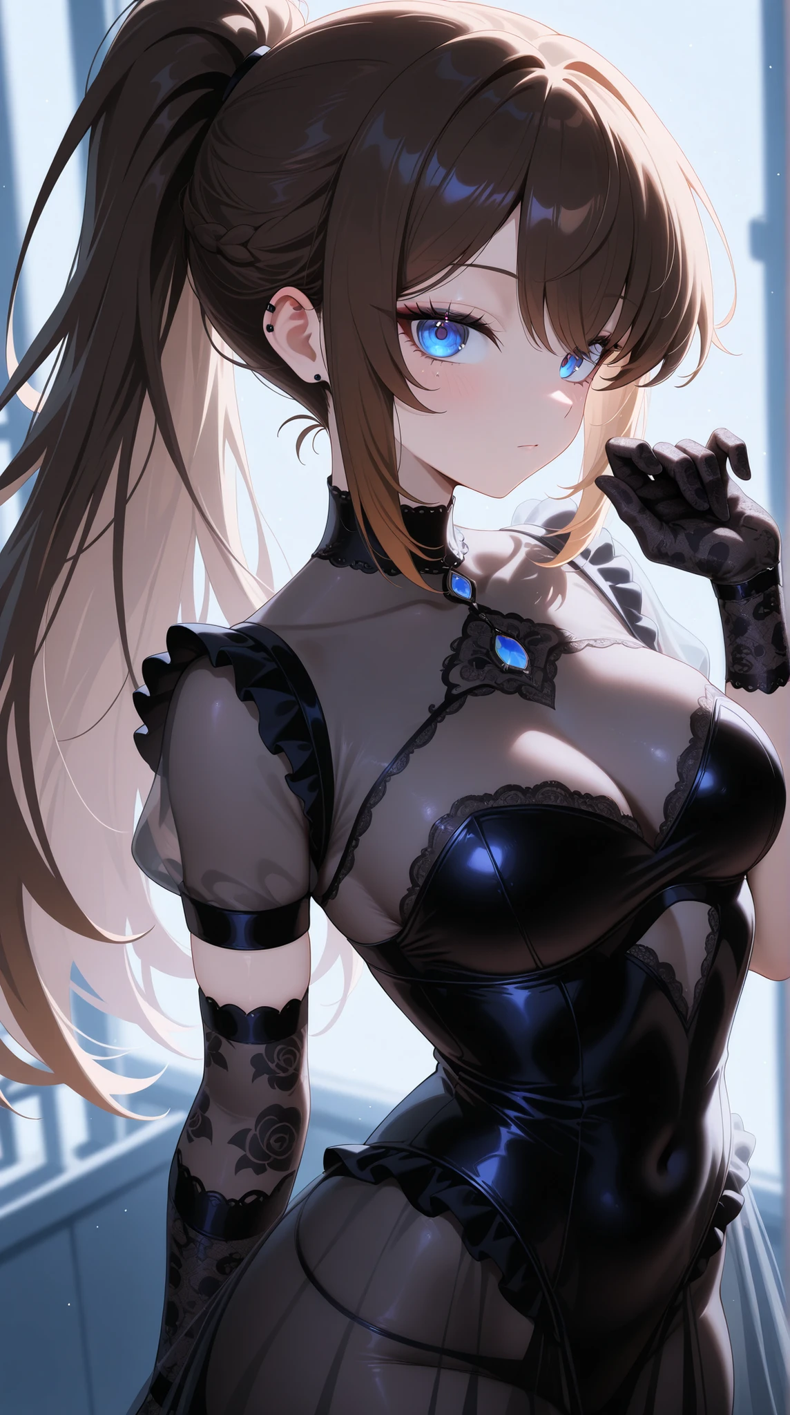 and up to a sign with ghosts, detailed explanation, vivid, visiosomni, Gothic_Egirl, Alone Female Protagonist, Medium Brown Hair, shining blue eyes, Black Lace See-Through Costume, Elegant Sheer Neck and Arms, Slightly See-through Chest Design, Soft lighting just for the shirt, Attractive Curves, action pose, black lace gloves, Confident Expression, long ponytail