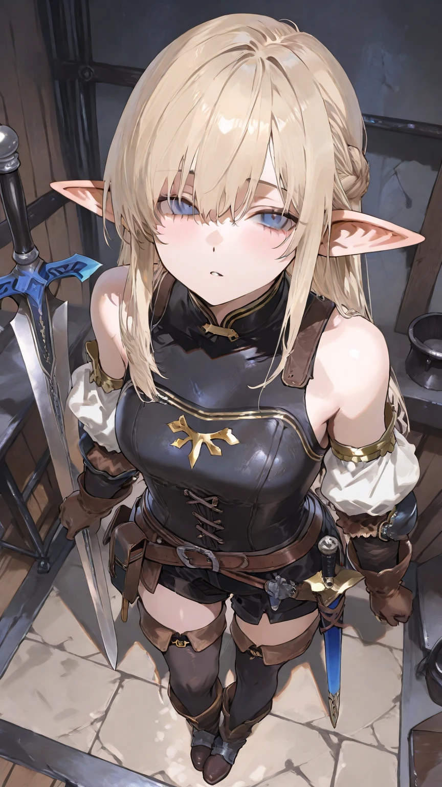 1slave, Full-body art, elf chained, bound, elf girl in , girl squatting, kneeling, knees on the ground, bikini, , small breasts, girl chained , chains, knees spread, shy and embarrassed expression, bright market place, ((:1.2)), ((covered with :1.4)), ((, humiliated)), ((lurex ))