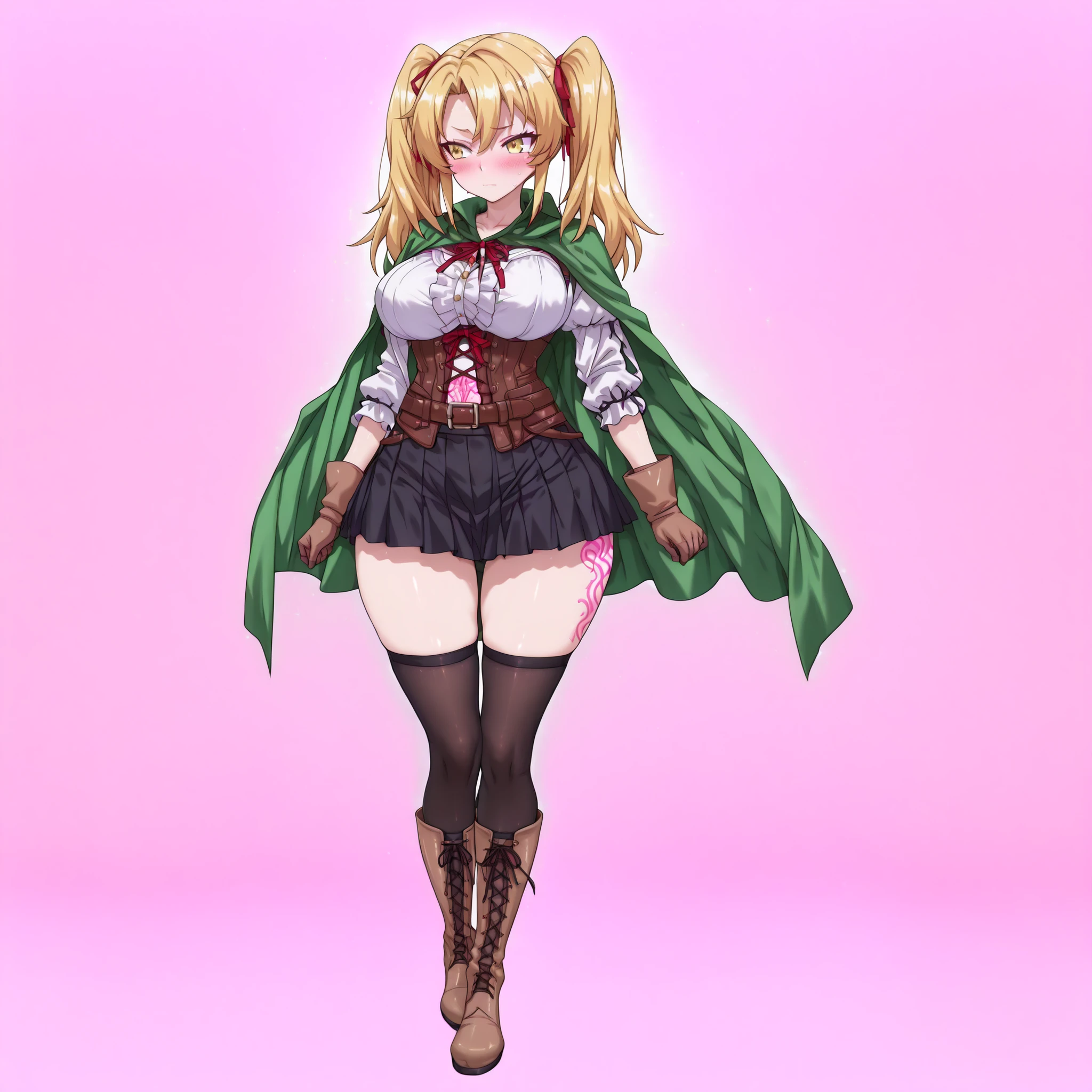  twintails, ribbon, red ribbon, cape, green cape, brown gloves, pleated skirt, belt, underbust, puffy sleeves, black thighhighs,,,(short girl,curvy),,(full body:1.3),(blush body),magetano\(thecurseofkubel)\, blonde hair,long hair, large breasts,(detailed face,detailed body,detailed eyes:1.1),(toes point:1.4),(style_name:1.3),feet,(plantar flexion,feet fetish:1.2),,(High Resolution),(More Details), (8K),twintails, (tsurime),(yellow eyes),(dark,pink light:1.2),,simple_background,pink pubic tattoo ,glowing tattoo,(short girl,curvy),boots