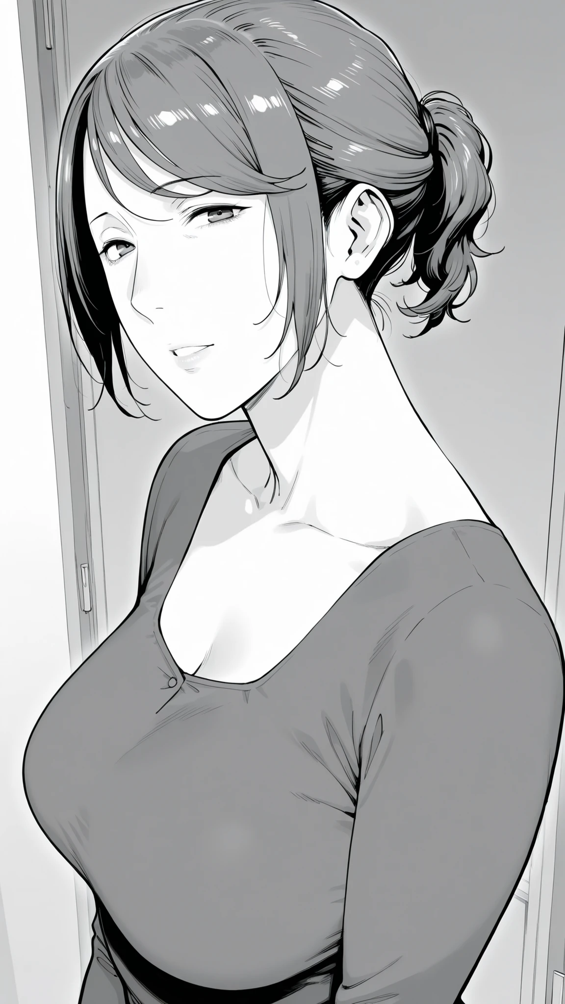 Mom, mature woman, short hair, very short ponytail looking up at the viewer, flat bangs, medium bust