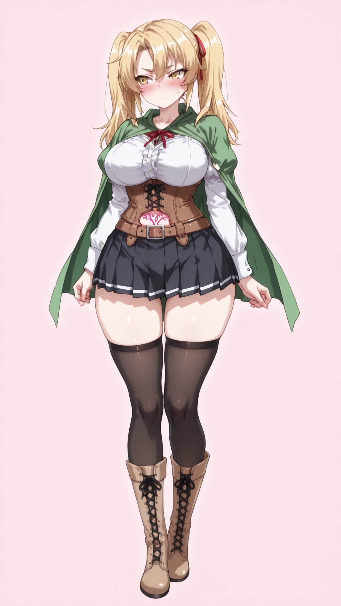  twintails, ribbon, red ribbon,green cape, pleated skirt, belt, underbust, puffy sleeves, black thighhighs,,,(short girl,curvy),,(full body:1.3),(blush body),magetano\(thecurseofkubel)\, blonde hair,long hair, large breasts,(detailed face,detailed body,detailed eyes:1.1),(toes point:1.4),(style_name:1.3),feet,(plantar flexion,feet fetish:1.2),,(High Resolution),(More Details), (8K),twintails, (tsurime),(yellow eyes),(dark,pink light:1.2),,simple_background,pink pubic tattoo ,glowing tattoo,(short girl,curvy),boots
