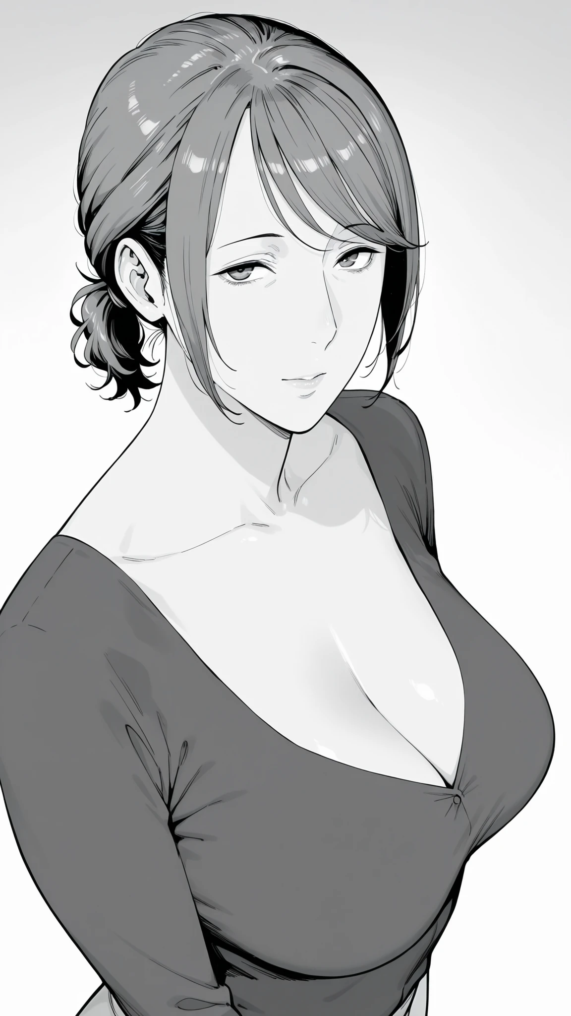 Mom, mature woman, short hair, very short ponytail looking up at the viewer, flat bangs, medium bust