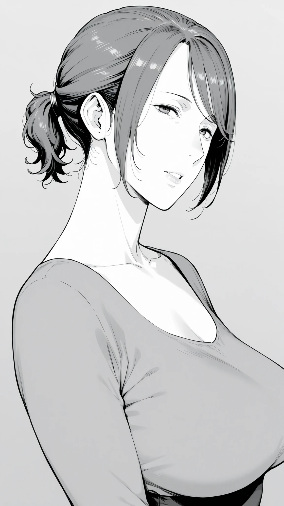 Mom, mature woman, short hair, very short ponytail looking up at the viewer, flat bangs, medium bust