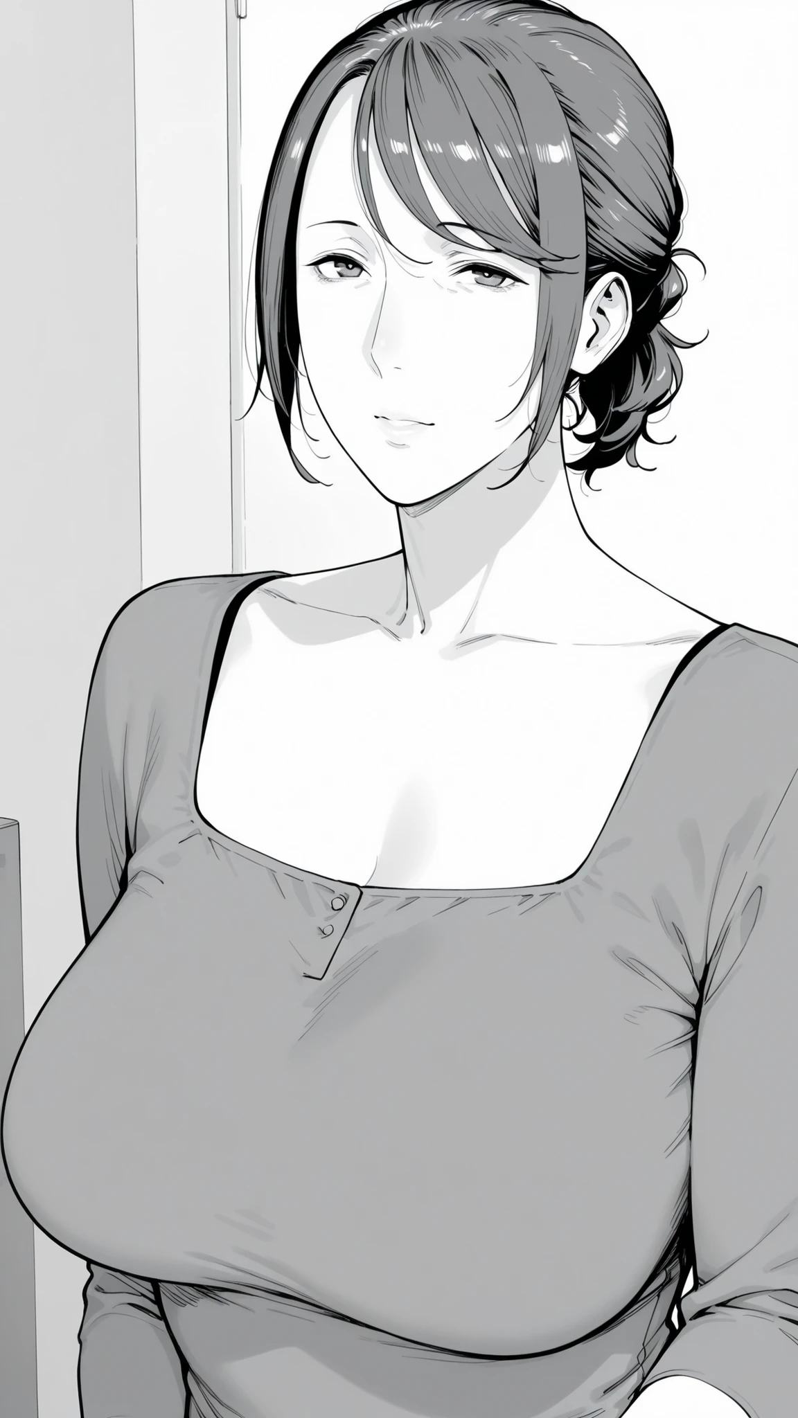 Mom, mature woman, short hair, very short ponytail looking up at the viewer, flat bangs, medium bust