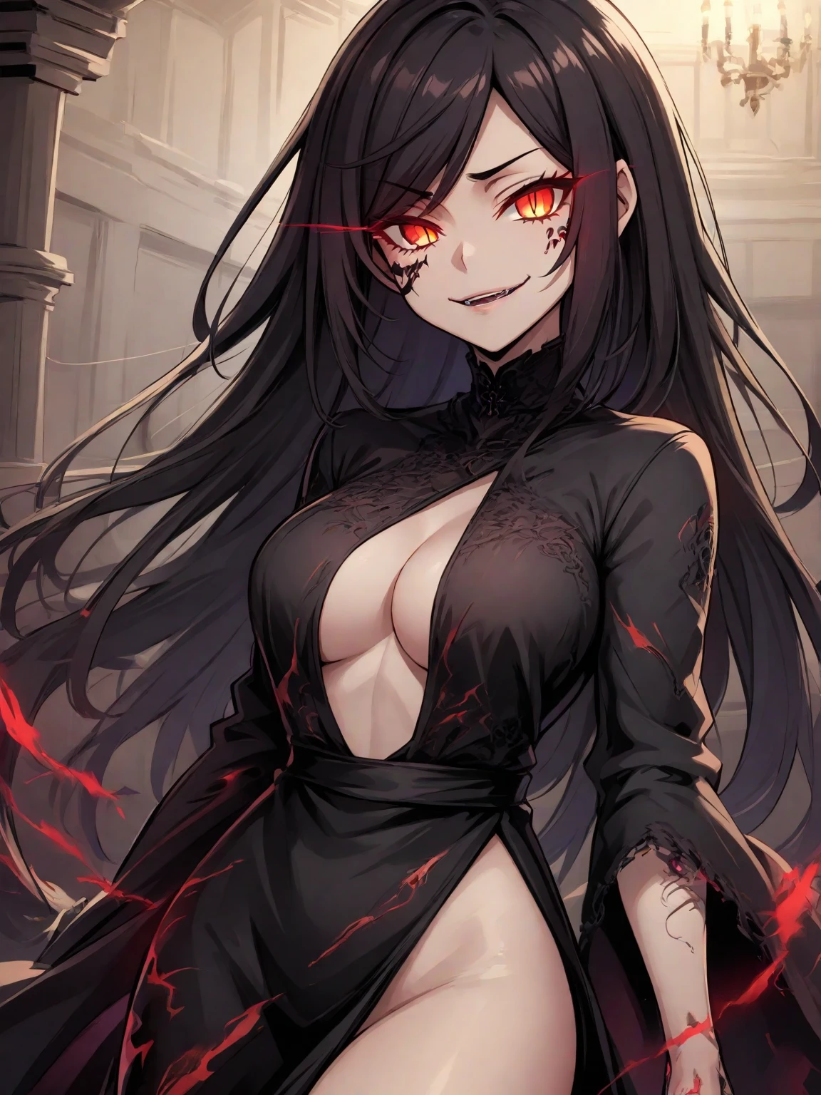 Create an image of a stunningly beautiful perfect  fantasy girl, Stunningly gorgeous beautiful perfect ???? face, perfect makeup, lipstick, curved eyebrows, long luscious eyelashes, black eyeliner, long luscious hair, smiling teeth showing, craxy eyes, hour glass body figure, natural breats, showing clevage, dirty bloody lingerie, covered in blood.