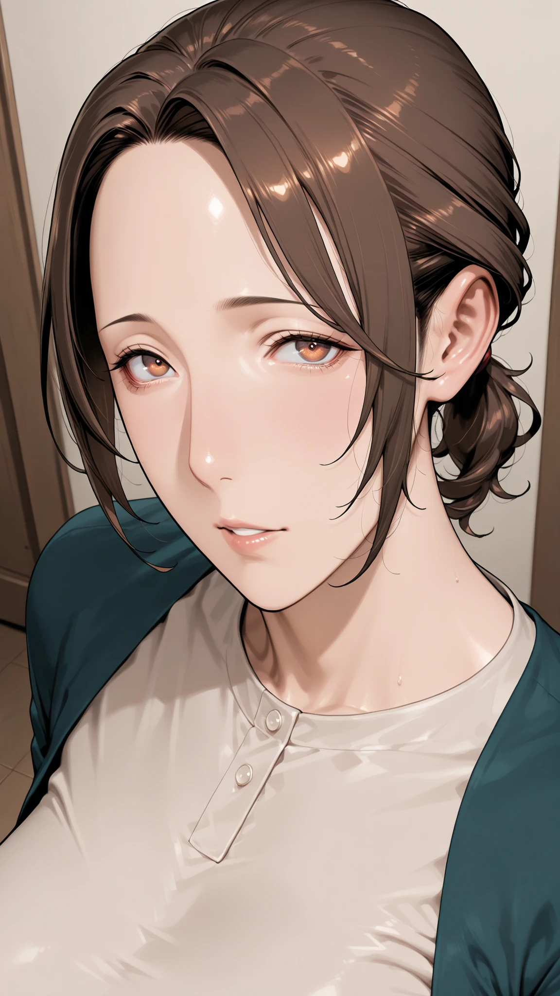 Mom, mature woman, short hair, very short ponytail looking up at the viewer, flat bangs, small breasted、Color in color