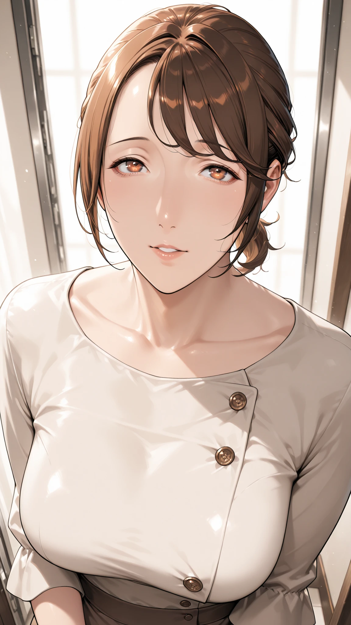 Mom, mature woman, short hair, very short ponytail looking up at the viewer, flat bangs, small breasted、Color in color