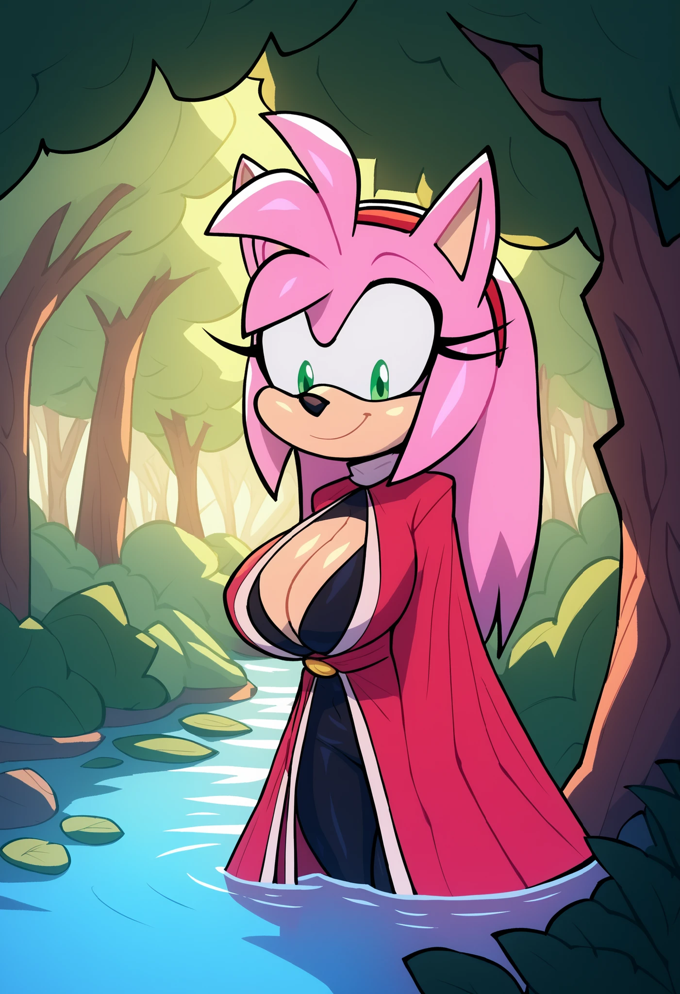 1girl, solo, Sega, amy rose, cosplay, dressed as Hornet, mask, red cloak, black skin, pink hair, long hair, extremely long hair, hair over shoulders, animal ears, anthro female, (Bigdad/character), (milf), forest background, water, trees, foliage, dim lighting shining through trees, beautiful lighting, beautiful shading, beautiful detail