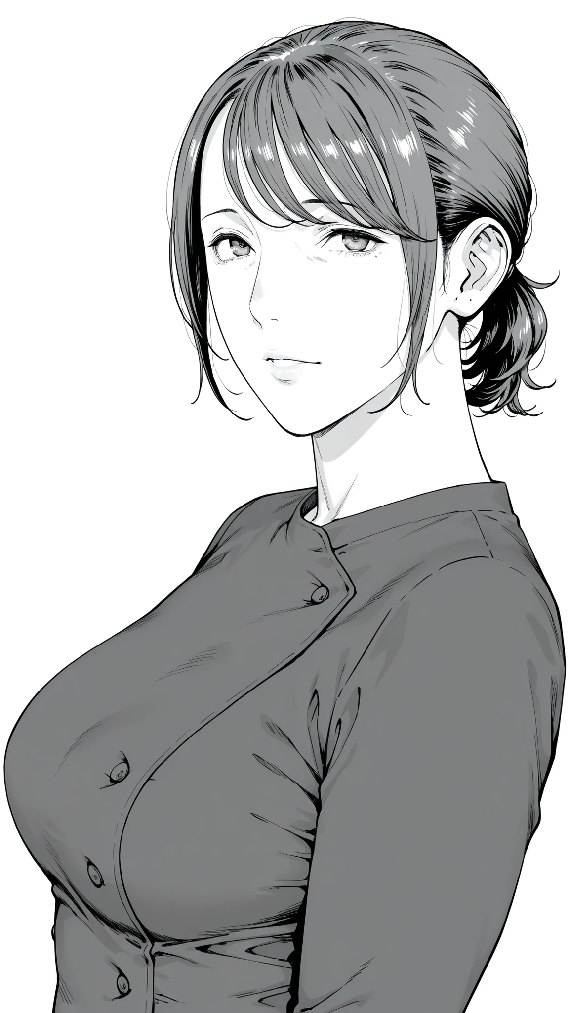 Mom, mature woman, short hair, very short ponytail looking up at the viewer, flat bangs, small breasted、Color in color