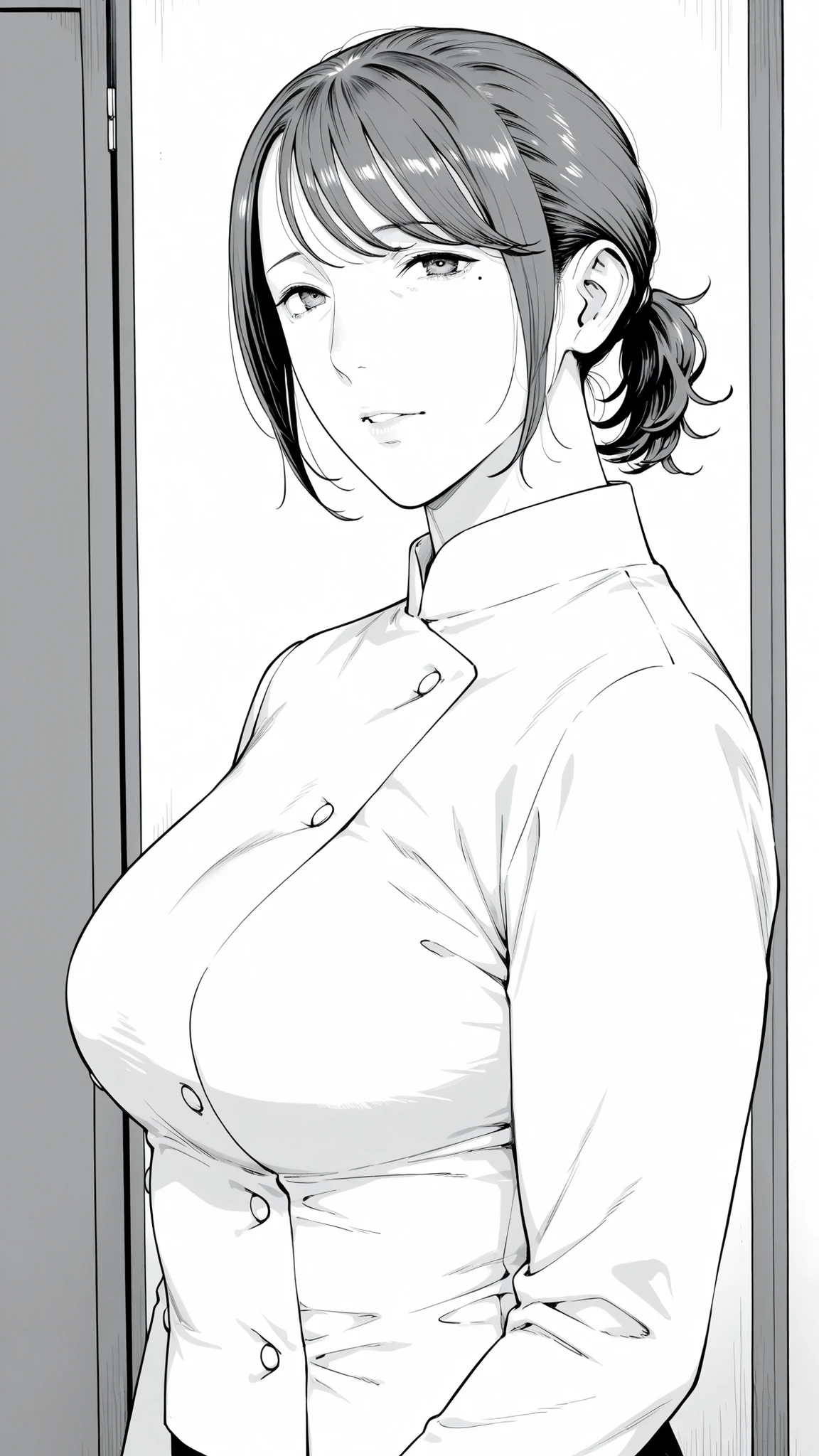 Mom, mature woman, short hair, very short ponytail looking up at the viewer, flat bangs, small breasted、Color in color