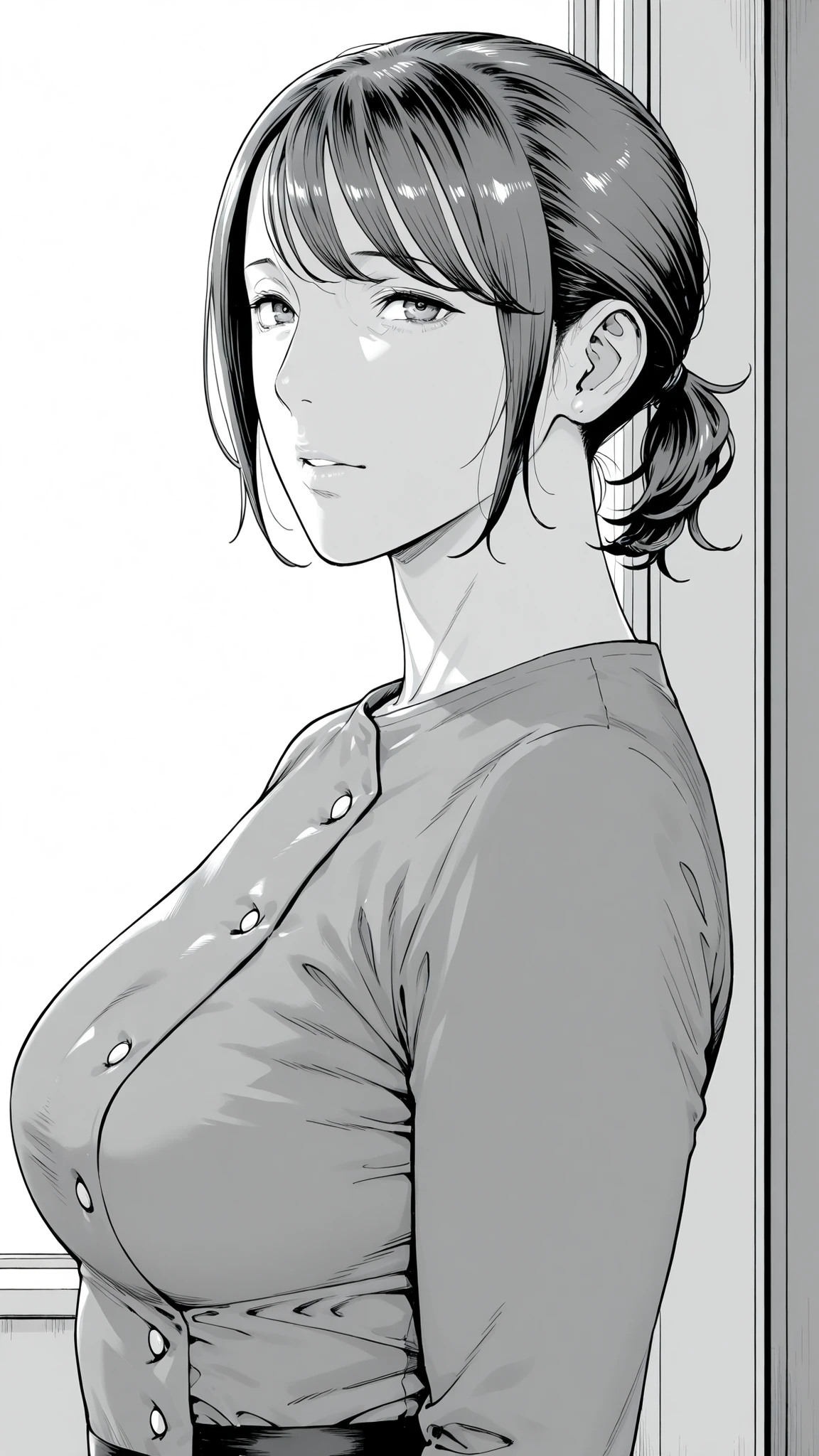 Mom, mature woman, short hair, very short ponytail looking up at the viewer, flat bangs, small breasted、Color in color