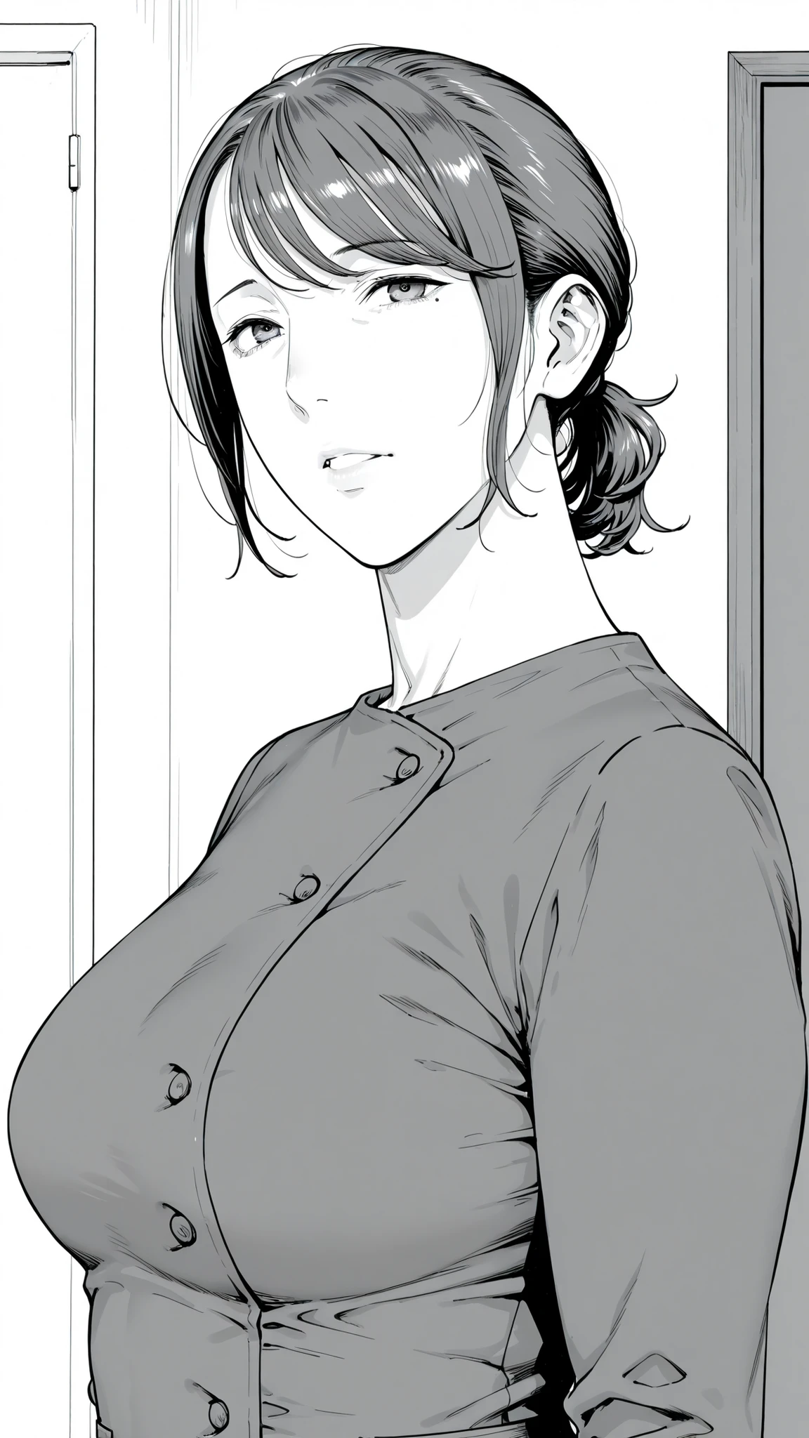 Mom, mature woman, short hair, very short ponytail looking up at the viewer, flat bangs, small breasted、Color in color