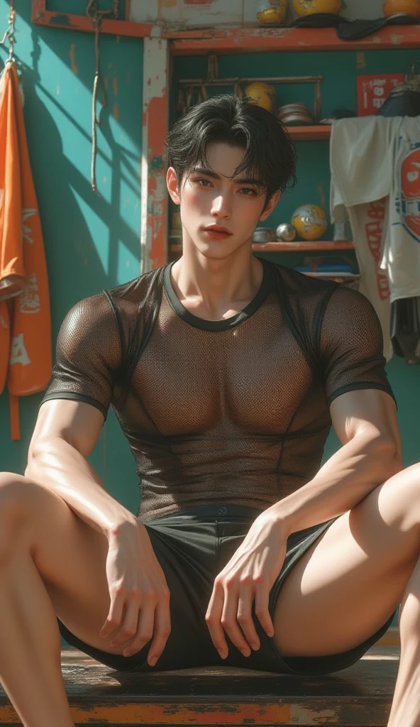 ((((Son Dongpyo face and hair)))),  ((in dance practice room)),  ((practicing male ballet with long bulge)),  ((sweaty body wearing  fishnet clothing)),  ((from below shot)),  ((Dongpyo  face)),  Dongpyo hair,  perfect eyes,  realistic human ,  realistic skin,  photorealistic,  cinematic lighting,  hyper realistic,  elegant,  ultra detailed,  sharp lines,  uplight