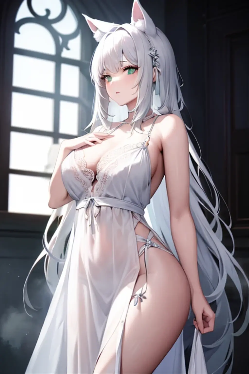 1 girl, long white hair, super pale/white skin, hands behind head, white cloth floating behind her, massive breasts, massive ass, wide hips, , , tempting, haunted hallway, cobwebs, mist, ghost girl, standing, tempting, lure, white dress, breasts protruding over dress,  dress.