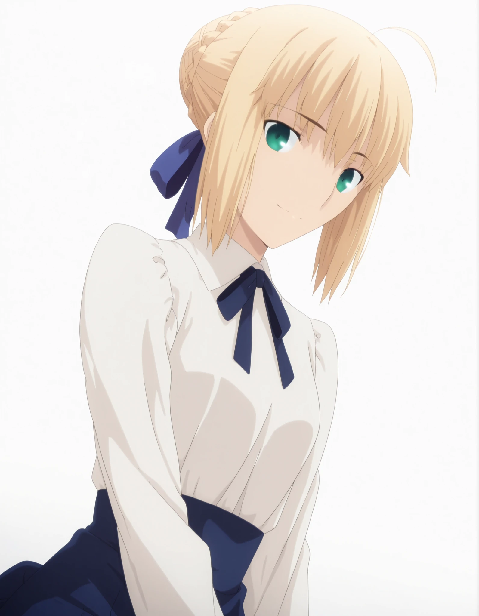 masterpiece, best quality, amazing quality, highres, absurdres, very aesthetic, high resolution, ultra detailed, perfect details, day , 8k, , , from ,backlight, , (beautiful light), ,((white background, simple background)), soft natural light , dutch angle,
 
1girl, ufotable style, anime style, (anime coloring), (anime screencap) ,(), cowboy shot,,(yokozuwari), head tilt, ,
   
artoria pendragon (fate), saber (fate), blonde hair, green eyes, ahoge, stupid hair ,hair ribbon, blue ribbon, french braid, braided bun, single hair bun, short hair, sidelocks, looking at viewer,(glistening),(glistening skin),(glistening body), (glistening hair), (glistening Face), light smile,
white shirt, long sleeve, blue skirt, ,