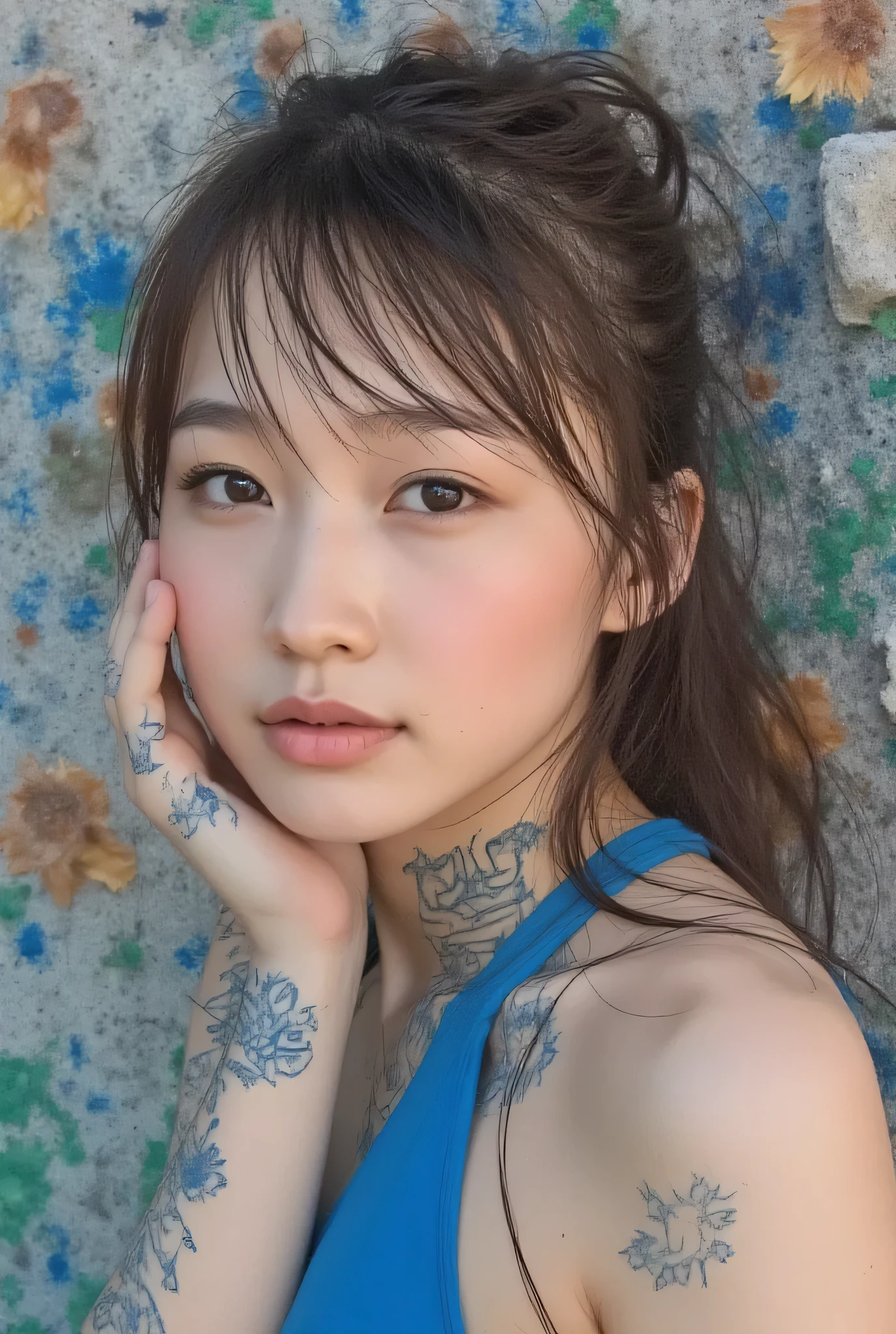 Highest Quality、Japanese edits Vivien Tam photos [Woman] 、WITH VERY EYES of black color with brown hair ,  blue tattoos 、[Red and Blue] , Expressive Texture, photorealistic techniques,  vibrant colorful palette , 32k uhd, fluid and dynamic brushstrokes, realistic ultra-high definition portraits,  Hard Paintings, , Incredibly Beautiful 、urban sketching & travel sketching、Shepherdess Ribo、charcoal drawing