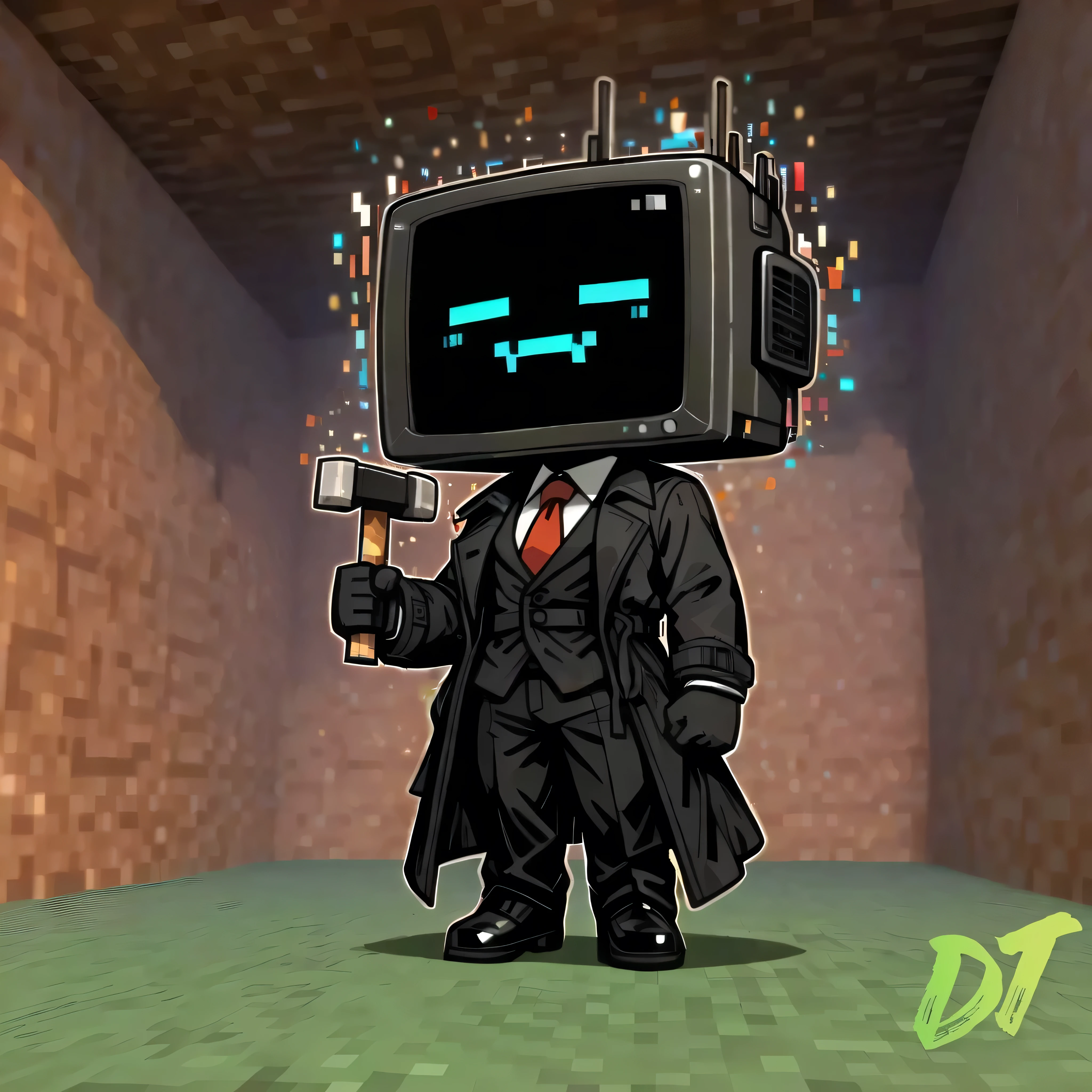 (masterpiece, high quality:1.2), pixel, (Minecraft_background), solo, normal_face, square head, robot_skin black, Television face, dot eyes, glitch mouth, glitch face, radioman, chibi style, wearing black gloves, black suit, red tie, long trench coat, black coat, pixel jump, jump, cute, pixel, holding a (ban_hammer, Minecraft_hammer:1.6). falling,