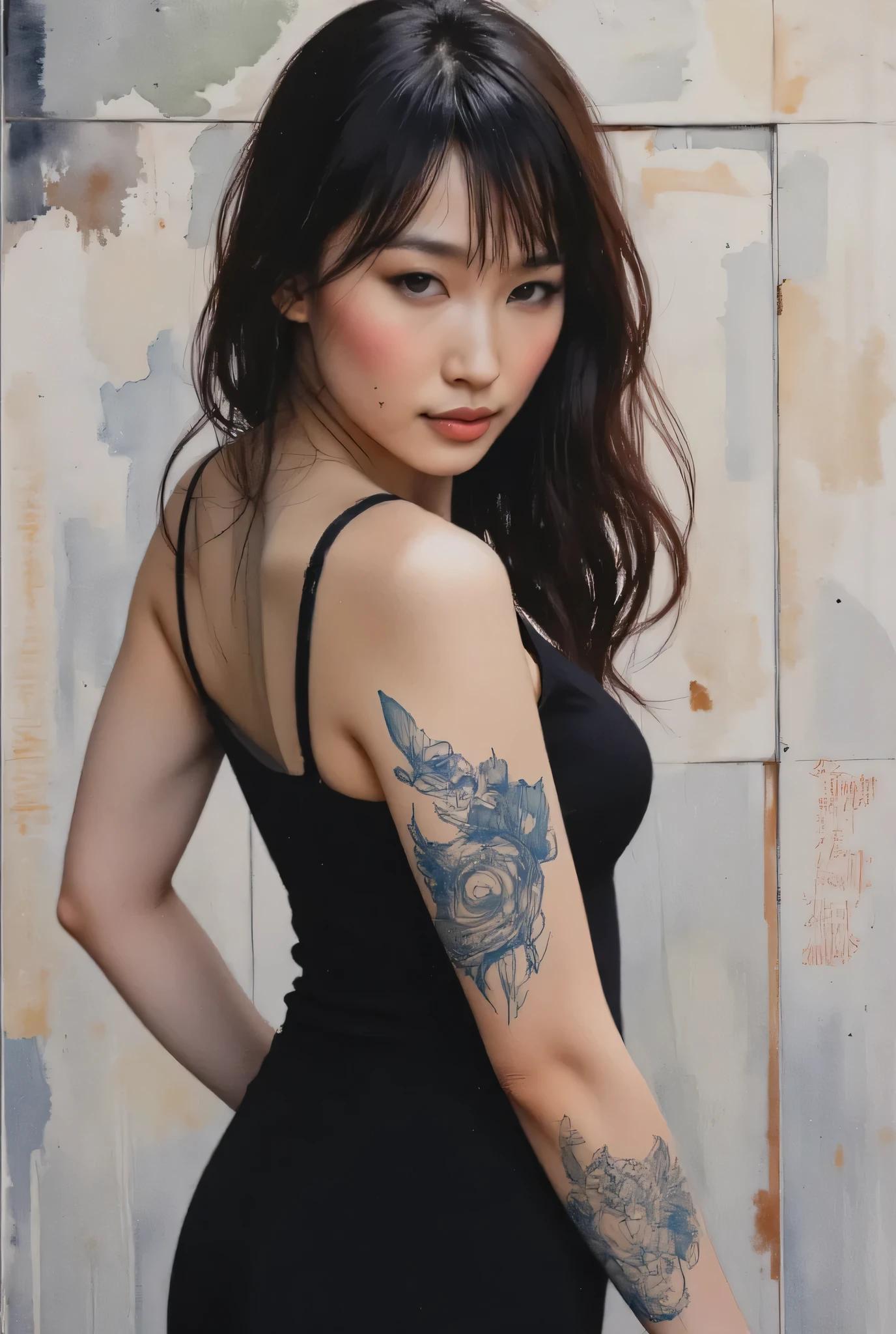 Highest Quality、Japanese edits Vivien Tam photos [Woman] 、WITH VERY EYES of black color with brown hair ,  blue tattoos 、[Red and Blue] , Expressive Texture, photorealistic techniques,  vibrant colorful palette , 32k uhd, fluid and dynamic brushstrokes, realistic ultra-high definition portraits,  Hard Paintings, , Incredibly Beautiful 、urban sketching & travel sketching、Shepherdess Ribo、charcoal drawing