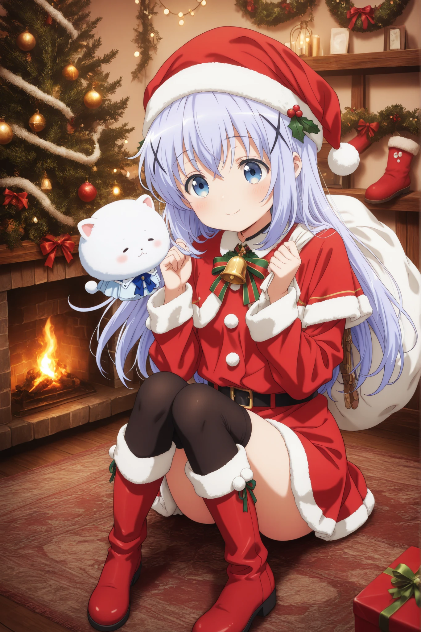 masterpiece, extremely high definition, high definition, Newest, 1girl, c-chino, file, I'm smiling in a Santa Claus-style Christmas costume. She wears a red top with a white gorgeous border, 、Red miniskirt decorated with snow、I'm wearing a black belt with a green and red ribbon with a small gold bell.  she also has 、I'm wearing a Santa hat with white pompoms and a large white bag over my shoulder. in her hair、There is a Christmas ornament with red and green ribbons and holly leaves. She's wearing red boots with white decorations.The background is full of bright, blurry lights (Bokeh) In golden tones, Yellow and red, It creates a gorgeous and warm atmosphere typical of Christmas.