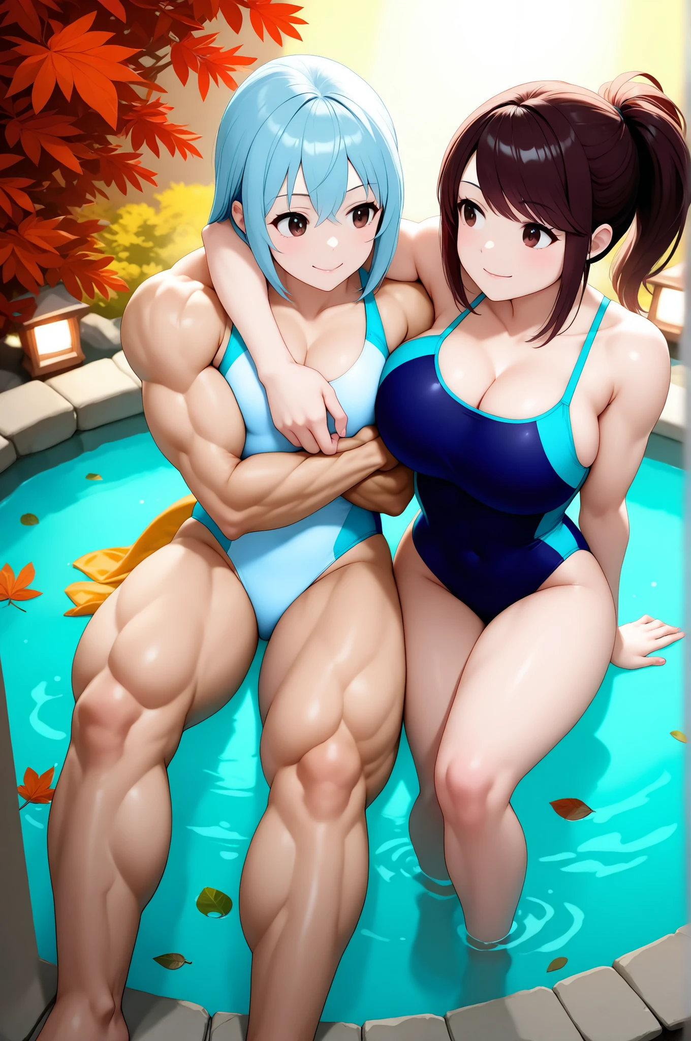 score_9, score_8_up , score_7_up , just describe what you want, tag1, tag2,official art, official style,game cg,illustration,
(masterpiece:1.5),(most detailed:1.5), (high resolution:1.5), (best quality:1.5),(perfect anatomy:1.5), (4K:1.3),
女の子2人:1.3, ( hugging another’s girl:1.5,side-by-side :1.5,hug:1.5),左側に1人目\(優子\),右側に2人目\(聖子\),(competitive swimsuit:1.3),

(1人目  is muscular:1.8, 1人目 is flat chest,flat chest,flat chest:1.5, 1人目 is toned body:1.5, 1人目 wears green competitive swimsuit :1.3  ),

(2人目 is non muscular:1.8, 2人目 is huge breasts , 2人目 wears cleavage wears navy blue competitive swimsuit:1.3, 2人目 is ponytail with natural bangs: 1.3) ,

2人は日本人,(2人は黒髪:1.5),2人はbrown eyes,smile:1.3,
( Outdoor, Hot Spring ,Entering hot water, entering a hot spring, mist:1.5,moonlit lake with shimmering reflections, Autumn, autumn leaves, fallen leaves :1.5),(  midnight, cold blue-black atmosphere, quiet and mysterious, dark, minimal light, cool rim light, silver glow, spotlight, vignetting, slightly sidelighting  :1.5 )