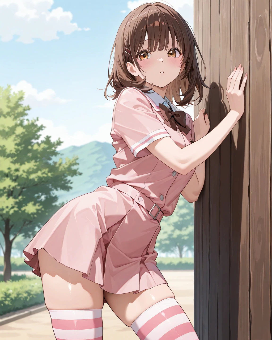 mizuharachizuru, Chizuru Ichinose, Long Hair, bangs, Brown Hair, (Brown eyes:1.5), smile,
break skirt, shirt, Short sleeve, Puffy sleeves, puffy Short sleeve, White Skirt, pink shirt, リボン
break outdoors, garden, bench,
break looking at viewer, (Cowboy Shot:1.5),
break (masterpiece:1.2), Highest quality, High resolution, unity 8k wallpaper, (shape:0.8), (Beautiful details:1.6), Highly detailed face, Perfect lighting, Highly detailed CG, (Perfect hands, Perfect ), Small Head, (Lift up the skirt:1.5), (Wide pelvis), (Thick thighs), (), (benchに左足を乗せる:1.5), (Look back here:1.5), (スカート that rolls up:1.5), (panties丸見え:1.5), (pink_Plain_panties:1.5), (From below:1.5)