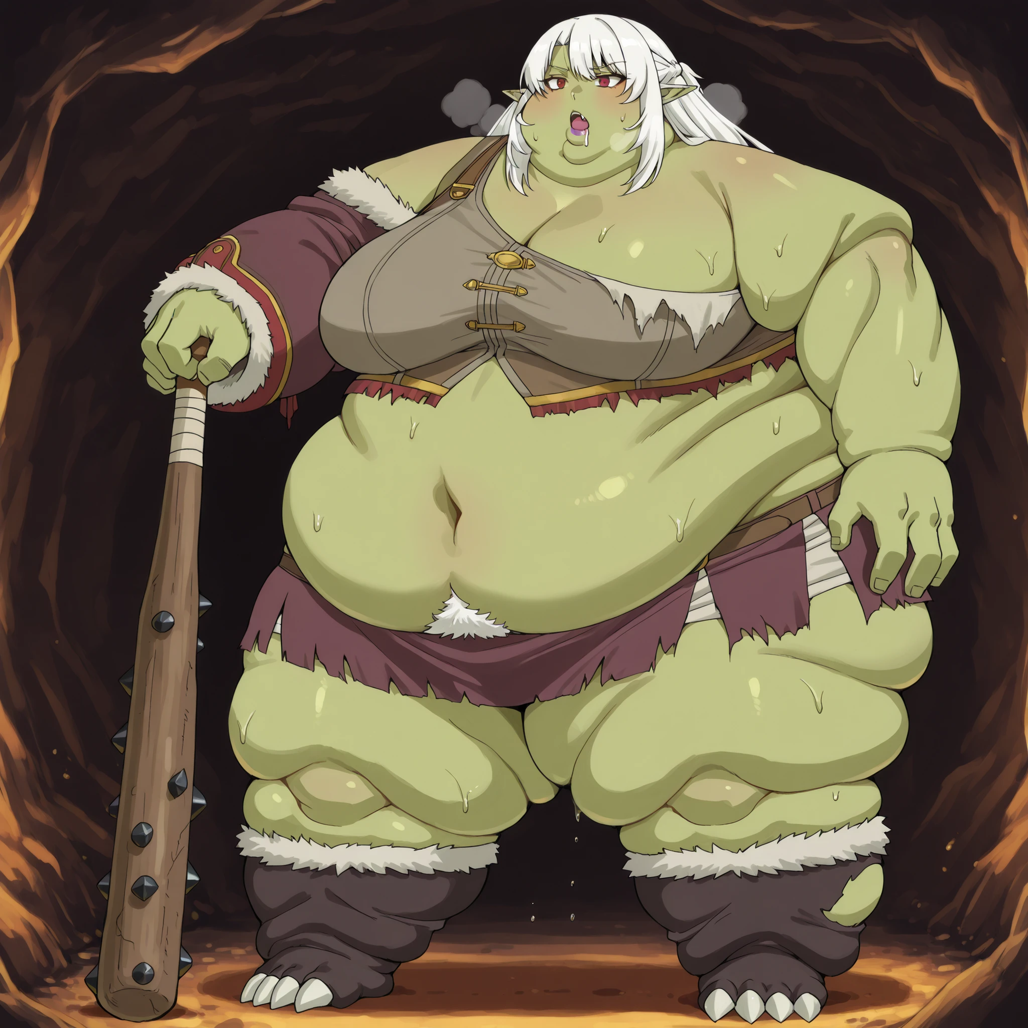 silk amberwood (aparida), dark elf, long hair, white hair, pointy ears, red eyes, large breasts, purple lipstick, Becoming a orc, monster, Orc, Female Orc, green skin, tusks, Orc, fangs, 1girl, fur, rags, brown crop top, fur trim crop top, single off shoulder, midriff, navel, brown miniskirt, fur trim miniskirt, blank_stare, empty_stare, fat, chubby, obese, gigantic arms and legs, large breasts, sweating, wet body, swollen face, Fat_neck , Fat head , eyes with crushed cheeks , nose with crushed cheeks , mouth with crushed cheeks , chin roll,
only head, large head, oversized limbs, large hands, large feet, oversized feet, oversized fingers, big lips, plump lips, fat face, fupa, big fupa, fat fupa, in a cave, open mouth, drooling, pubic hair, hairy, holding a club, holding a weapon, large breasts, fat, chubby, obese, fat neck, multiple chins, big breasts open mouth, out of breath, Larger female, full body shot, only head, large head, oversized limbs, large hands, large feet, oversized feet, oversized fingers, big lips, plump lips, fat face, fupa, big fupa, fat fupa, hunchback, torn clothes, ripped clothes