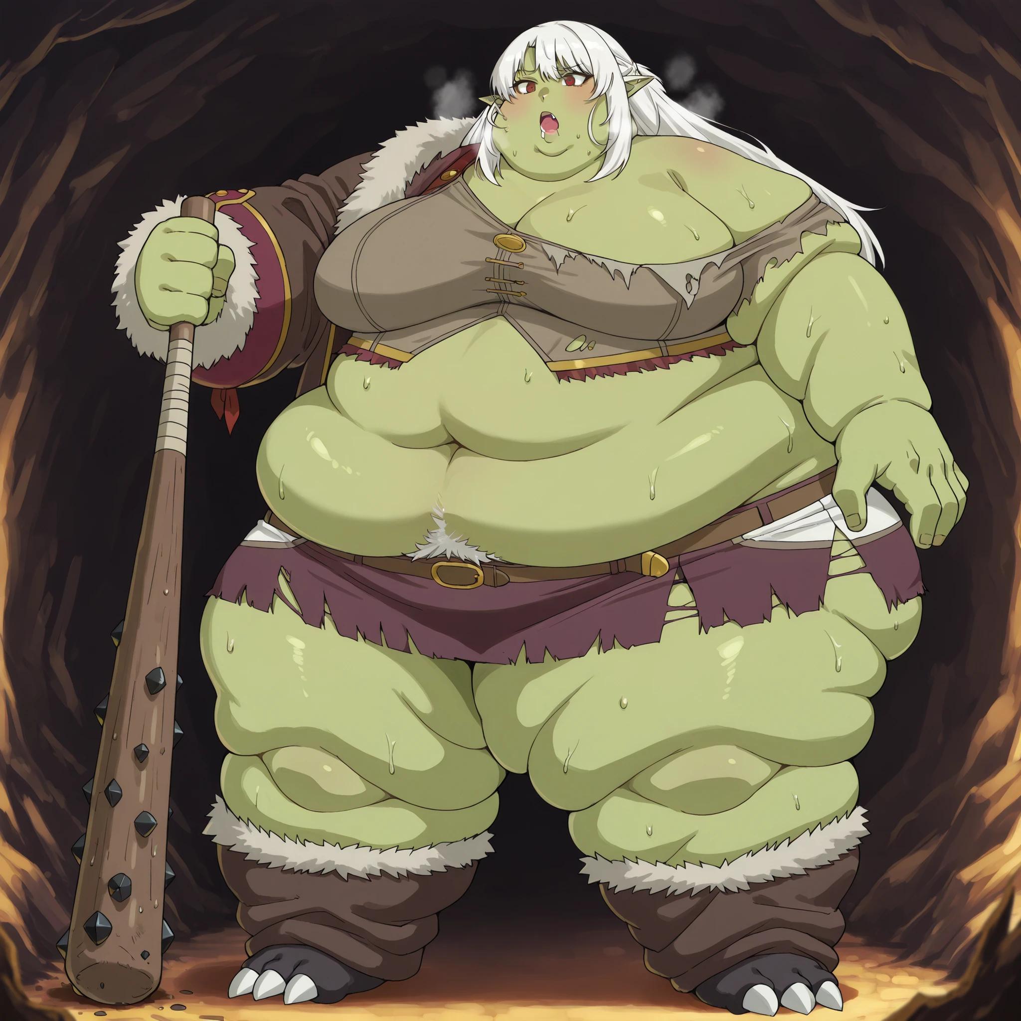 silk amberwood (aparida), dark elf, long hair, white hair, pointy ears, red eyes, large breasts, purple lipstick, Becoming a orc, monster, Orc, Female Orc, green skin, tusks, Orc, fangs, 1girl, fur, rags, brown crop top, fur trim crop top, single off shoulder, midriff, navel, brown miniskirt, fur trim miniskirt, blank_stare, empty_stare, fat, chubby, obese, gigantic arms and legs, large breasts, sweating, wet body, swollen face, Fat_neck , Fat head , eyes with crushed cheeks , nose with crushed cheeks , mouth with crushed cheeks , chin roll,
only head, large head, oversized limbs, large hands, large feet, oversized feet, oversized fingers, big lips, plump lips, fat face, fupa, big fupa, fat fupa, in a cave, open mouth, drooling, pubic hair, hairy, holding a club, holding a weapon, large breasts, fat, chubby, obese, fat neck, multiple chins, big breasts open mouth, out of breath, Larger female, full body shot, only head, large head, oversized limbs, large hands, large feet, oversized feet, oversized fingers, big lips, plump lips, fat face, fupa, big fupa, fat fupa, hunchback, torn clothes, ripped clothes
