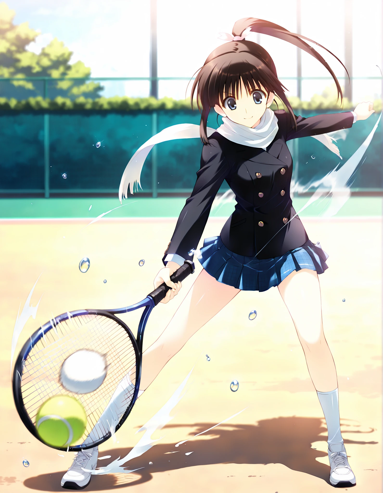 masterpiece,best quality,good quality,newest, outdoors,day, smile, looking at viewer, solo, anime coloring, sugiura_koharu\(white_album_2\),1girl,black hair,ponytail,hair ribbon,blue eyes, white scarf,black jacket,double-breasted, plaid_skirt,pleated_skirt,blue skirt,solo focus, full body, long shot,((Dynamic pose,High solution,. her hair is floating in the air, Reflecting agile movements, Contrasting colors enhance the lively atmosphere of the scene, The speed effect of moving lines adds an anime touch to the action)), (((Motion Effect))), (Like a subtle blur),fighting stance,((condensation)),,(( blurry)), {water drop:0.6},,(((melancholy))),holding tennis racket , tennis , smile , outstretched arm , tennis ball hitting,((Dynamic pose,High solution,. her hair is floating in the air, Reflecting agile movements, Contrasting colors enhance the lively atmosphere of the scene, The speed effect of moving lines adds an anime touch to the action)), (((Motion Effect))), (Like a subtle blur),running