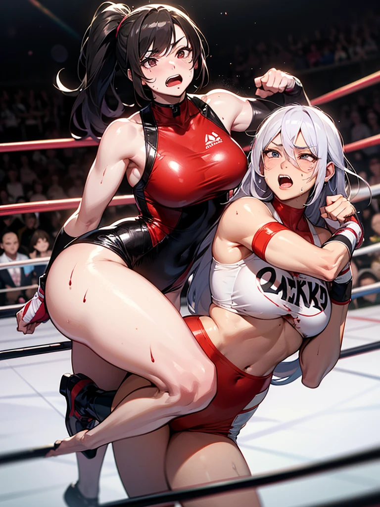 ((((1girl)))and(((fat man)))),hetero, (1fat man),large ,covered ,dark skinned fat man,interracial,smug,Boxing Gloves, BREAK 1girl,(tall stature:1.4),(curvy:1.4), (long hair,drill hair),grey hair, grey eyes, large breasts, pale skin,shiny skin,(),(trembling), erectile , BREAK ((she wears grey turtleneck shirt), (:1.4), in ,( on clothes:1.4),  on breasts, on body, , , in mouth, on hair,(excessive ), BREAK ((,)),(upright straddle,couple,face-to-face), clothed ,  with old man, (wrestling ring), (((masterpiece))),(((best quality))),((ultra-detailed)),(illustration),((an extremely delicate and beautiful)),(detailed background),