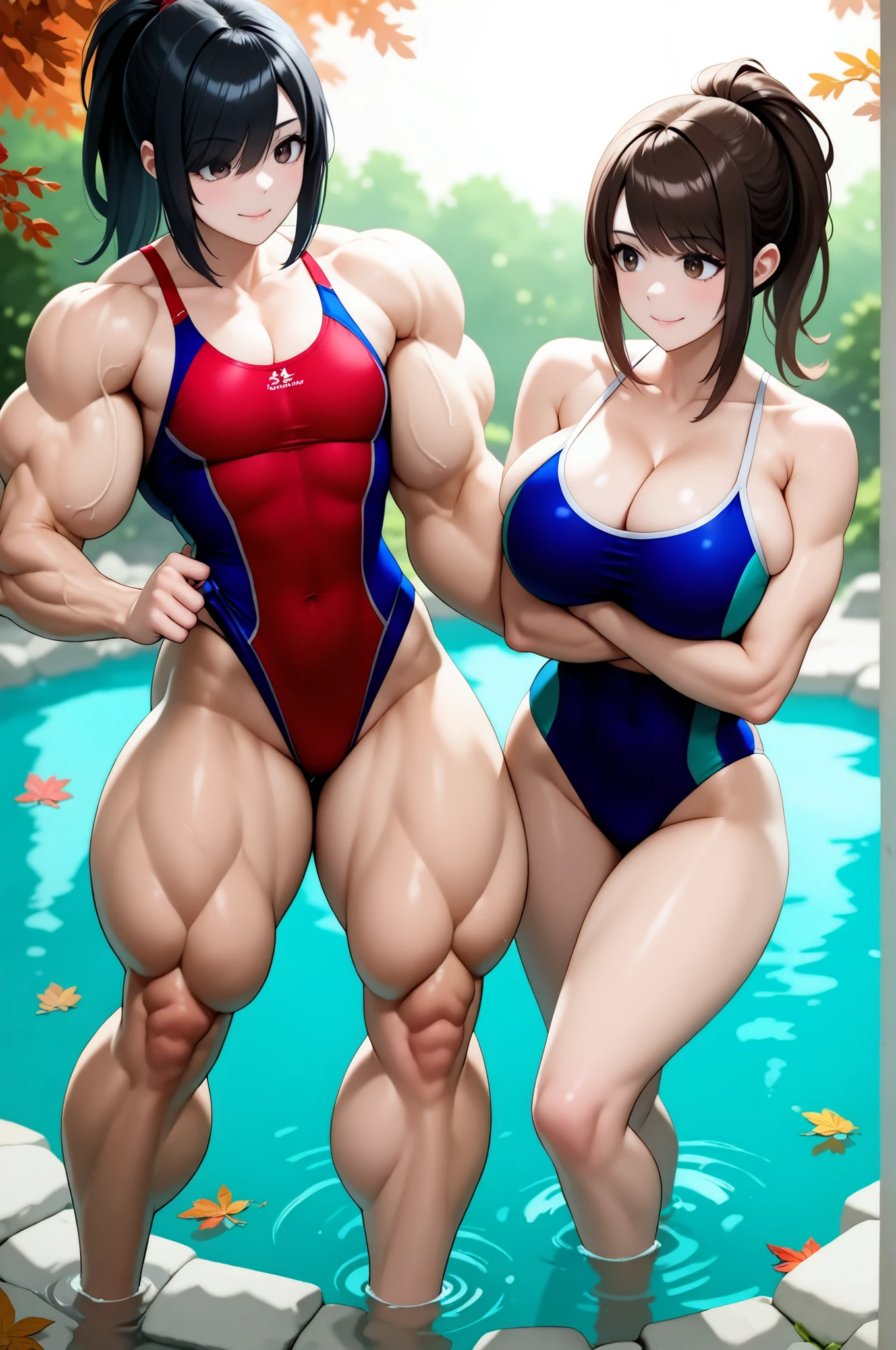 score_9, score_8_up , score_7_up , just describe what you want, tag1, tag2,official art, official style,game cg,illustration,
(masterpiece:1.5),(most detailed:1.5), (high resolution:1.5), (best quality:1.5),(perfect anatomy:1.5), (4K:1.3),
女の子2人:1.3, ( hugging another’s girl:1.5,side-by-side :1.5,hug:1.5),左側に1人目\(優子\),右側に2人目\(聖子\),(competitive swimsuit:1.3),

(1人目  is muscular:1.8, 1人目 is flat chest,flat chest,flat chest:1.5, 1人目 is toned body:1.5, 1人目 wears green competitive swimsuit :1.3  ),

(2人目 is non muscular:1.8, 2人目 is huge breasts , 2人目 wears cleavage wears navy blue competitive swimsuit:1.3, 2人目 is ponytail with natural bangs: 1.3) ,

2人は日本人,(2人は黒髪:1.5),2人はbrown eyes,smile:1.3,
( Outdoor, Hot Spring ,Entering hot water, entering a hot spring, mist:1.5,moonlit lake with shimmering reflections, Autumn, autumn leaves, fallen leaves :1.5),(  midnight, cold blue-black atmosphere, quiet and mysterious, dark, minimal light, cool rim light, silver glow, spotlight, vignetting, slightly sidelighting  :1.5 )