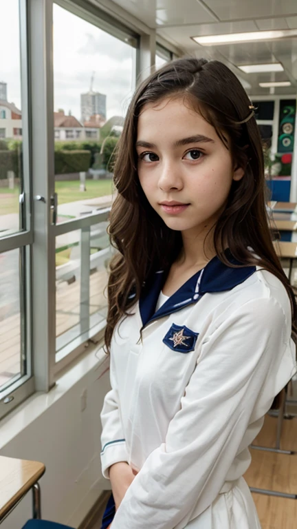 una chica con cabello corto de color rosa. She is dressed in a sailor  (sailor uniform), que incluye una blusa negra con detalles blancos en el cuello y las mangas, una falda negra y un lazo amarillo en el pecho. The girl is sitting on a desk in a classroom. The living room has windows that allow natural light to enter., iluminando la escena. The girl's expression is calm and her gaze is directed towards the camera. 

The girl's position is in profile, mostrando su lado derecho. His legs are partially crossed, con una pierna sobre la otra. Behind her, se pueden ver algunos escritorios y sillas alineados, as well as a green chalkboard on the back wall.
