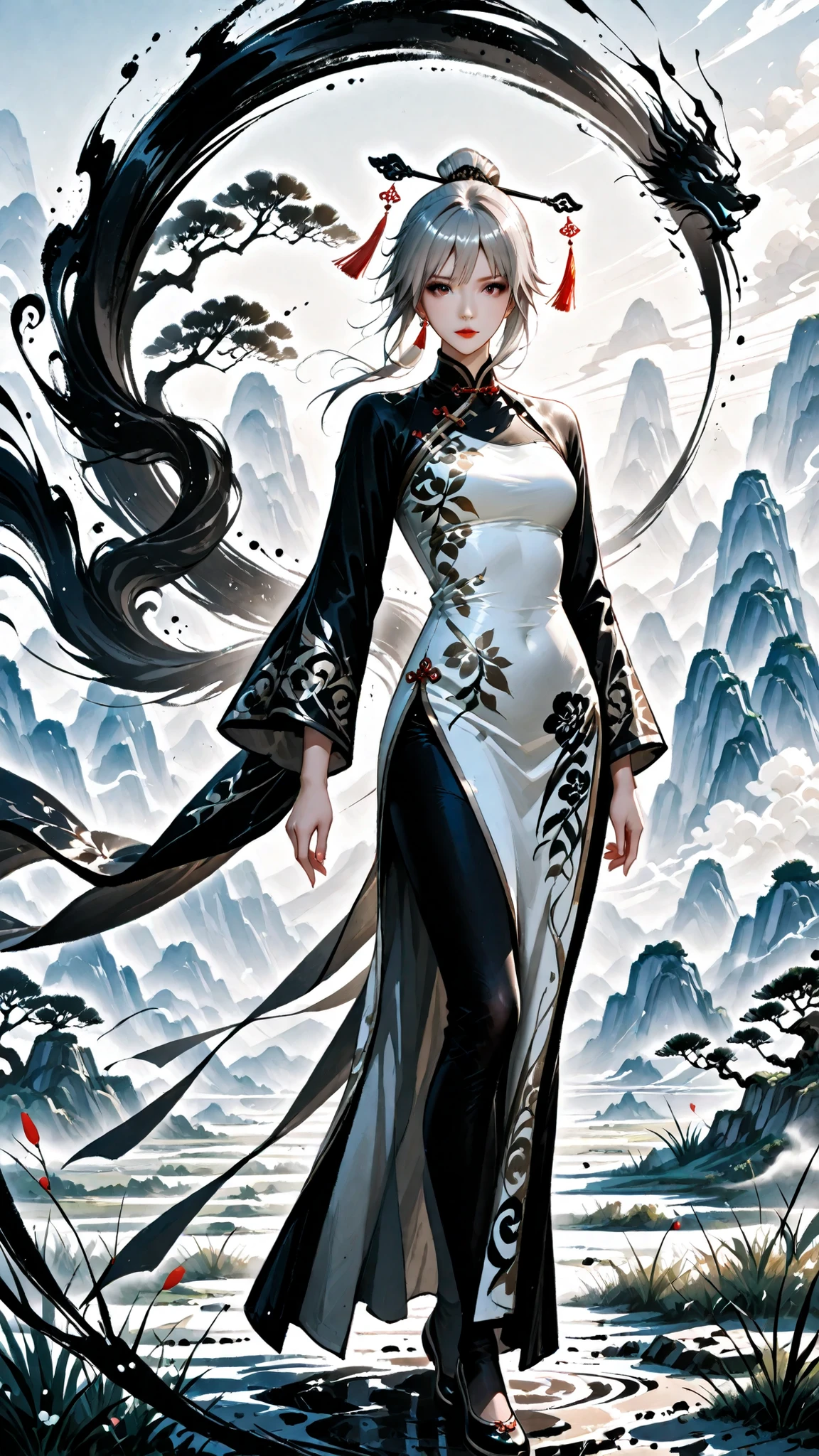 Traditional Ink Painting Technique、female silhouette in a Chinese dress、movement of fabric swaying in the wind、Landscape Painting Background、gradation of shades of ink、The Aesthetics of Margins、flowing brushstrokes、Oriental Aesthetic Sense 、contrast between silence and movement、hazy haze