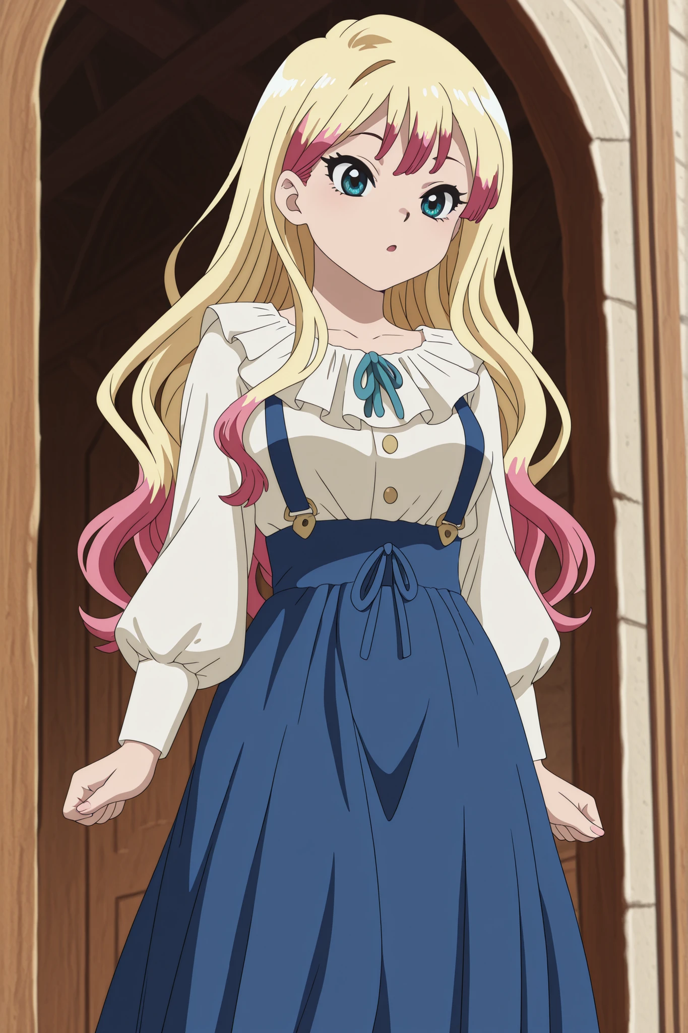 Anime one girl, Dr. Stone art style, long wavy cream-colored hair with pink tips, red cute anime-style eyes. She wears a cobalt blue long skirt with suspenders, featuring four buttons in pairs. Her top is a white, long-sleeved ruffled blouse, giving her a detective-like appearance