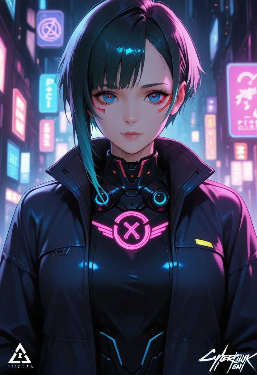 portrait, 1 girl, beautiful face, asymmetrical hair, multi-colored hair, belt, , covered mouth, covered navel, detached sleeves, grey eyes, hip vent, , cute, look at viewer, night city, neon, rainy,
