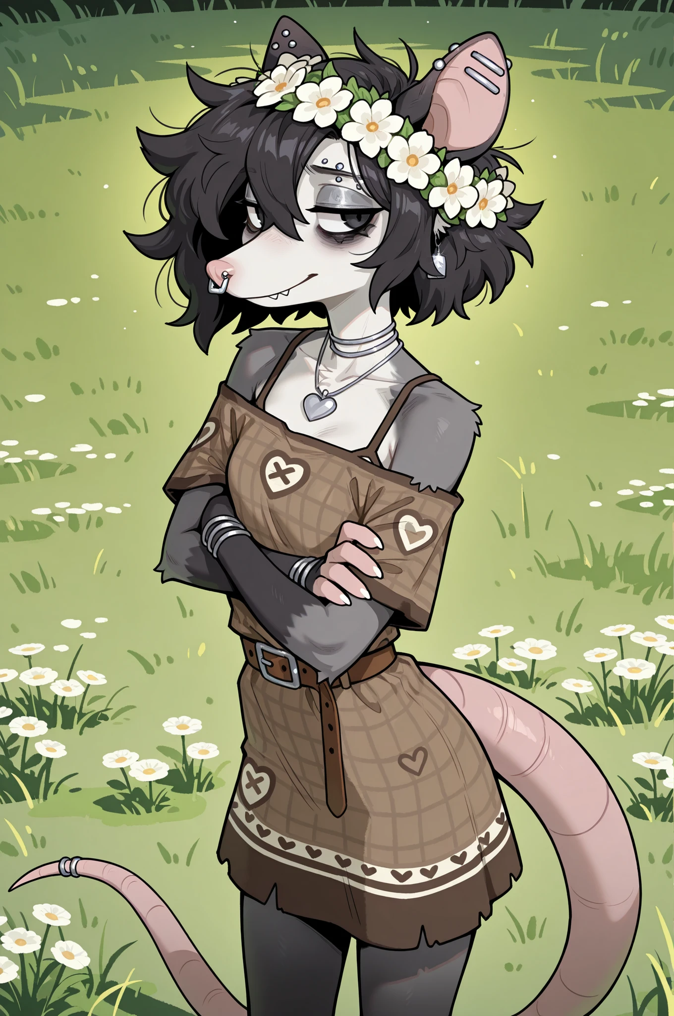 1girl, furry, grey fur, possum furry, claws, anthro, fur tufts, fluffy, possum tail, fangs, opossum, possum ears, silver nose ring, silver earrings, silver eyebrow piercing, punk style earrings, half-closed eyes, bags under eyes, (creep), dress, summer dress, simple dress, pale-green dress, brown dress edging, brown thin belt, short sleeves, brown pattern on dress, open shoulders, light smile, shy, slender, skinny, small , (black fur wrists), black hair, messy hair, short hair, black eyes, standing, arms crossed, wreath on head, white flowers wreath, silver necklace, heart shaped necklace, outdoors, flower field, green grass, summer, looking to the side, best quality, pink possum tail,