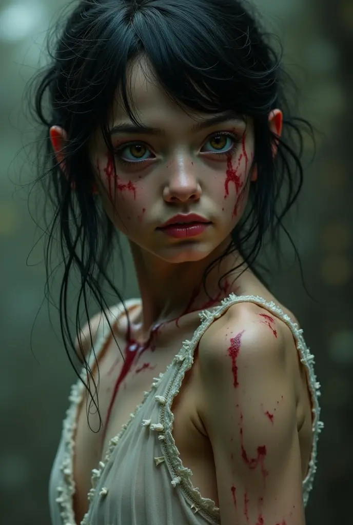 , sinister, female, thin, pale, looking at the camera, ultra realistic, fully detailed, cemetery environment, bright eyes, white dress torn and stained with blood, bones , putrid wounds, sensual, terrifying, bruised by the body,  fracture in the collarbone, slight smile, super detailed