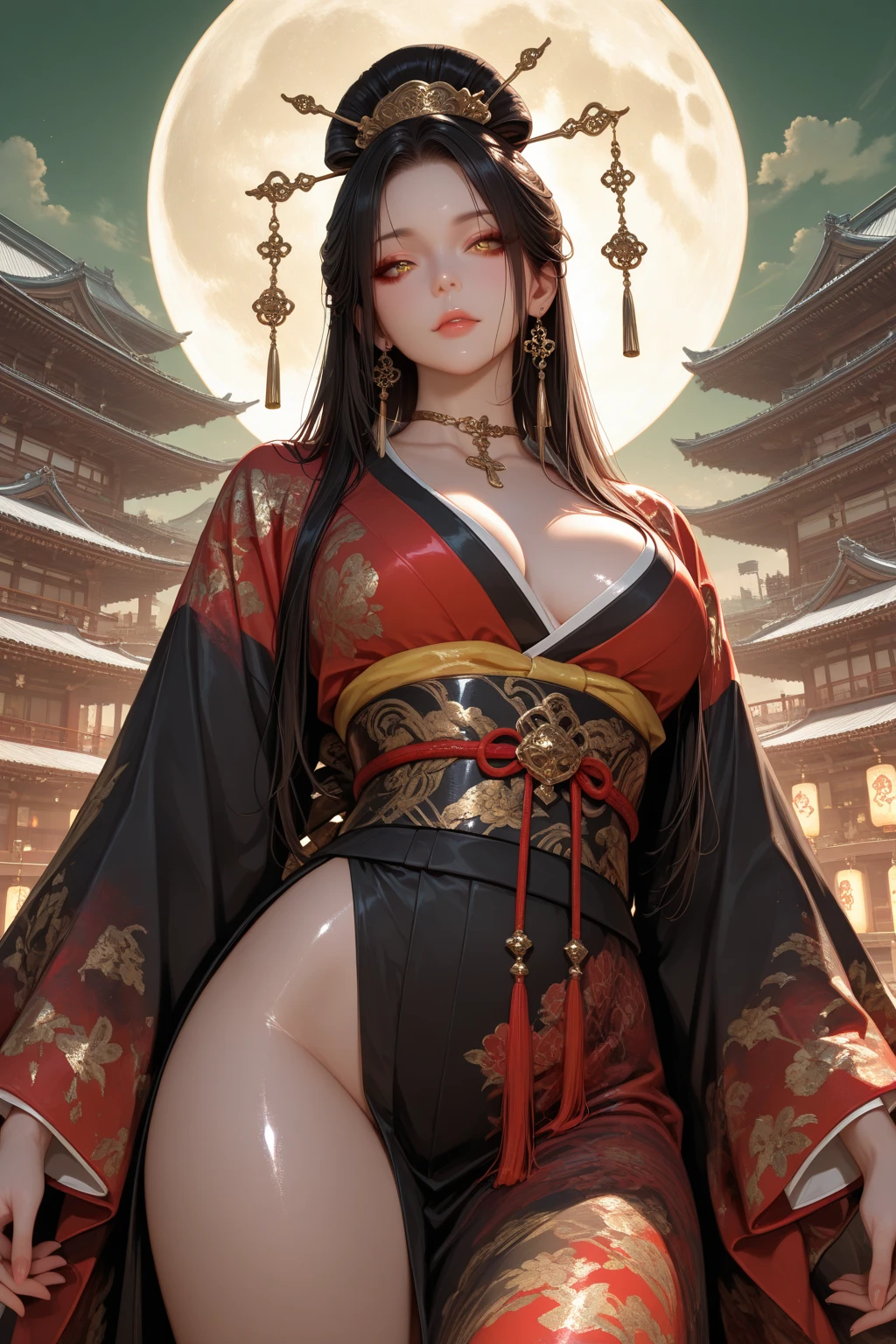 Superb Quality, Masterpiece, High Resolution, 8K,  Thighs, Oily Skin, Flush Skin, (Exquisite Body: 1.5), Stunning Beauty, (Milky Skin: 1.3), Delicate Details, High Resolution, Wallpaper, 1 Female, Solo, Dress, Hair Accessory, (((Golden Red Dress)), Flower, Long Hair, Brown Hair, Shut Up, Accessories, Long Sleeves, Raised Hands, Wide Sleeves, Big Eyes, Flowing Hair, Hanfu, Hanfu, Embroidery, Long Dress, Natural Pose, Falling Petals, Indoor, Fanning, Lantern, 16K, HDR, High Resolution, Depth of field, (Film grain: 1.1), Bocon, Primetime, (lens flare), vignette, rainbow, (color grading: 1.5)