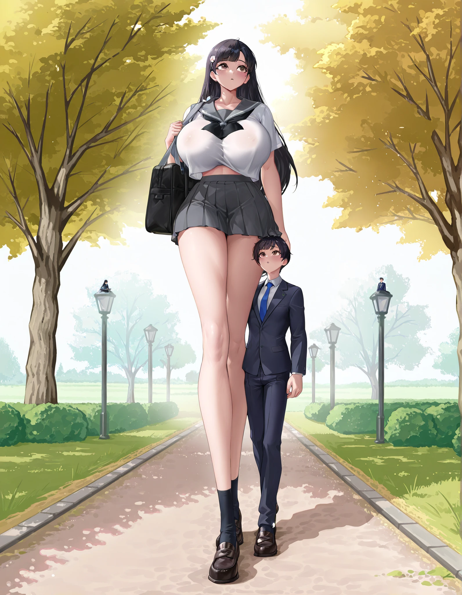 ((masterpiece)), ((highest quality)), teenage giantess girl and tall male, (the supertall girl has thin and too long legs :1.7), The supertall girl wears sailor suit with white blouse and dark blue pleated skirt, crop top overhang, a tall male wearing business suit, the supertall girl with brown eyes and black hair, the supertall girl's height is twice as tall as that of the tall male, full body, walking at the park, (the supertall girl's legs are longer than the height of the tall male: 1.3), the supertall girl's head is as small as the tall male's one, in spring, the supertall girl has Medium-length bob hair, (the supertall girl has huge breasts larger than her head: 1.5), (the supertall girl is wearing huge loafers:1.5), the supertall girl is wearing black socks, the supertall girl has a bag, the tall male has a bag, the tall is looking up at the girl's breasts,