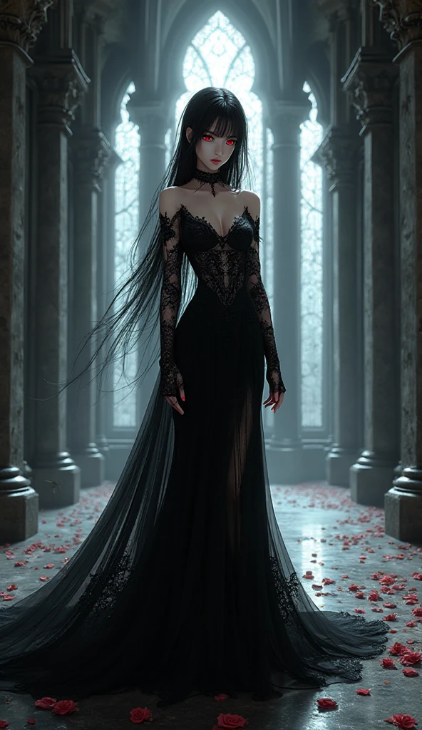 Mavuika from Genshin Impact, wearing a black elegant evening dress with open shoulders and chest, standing in a luxurious garden at night


