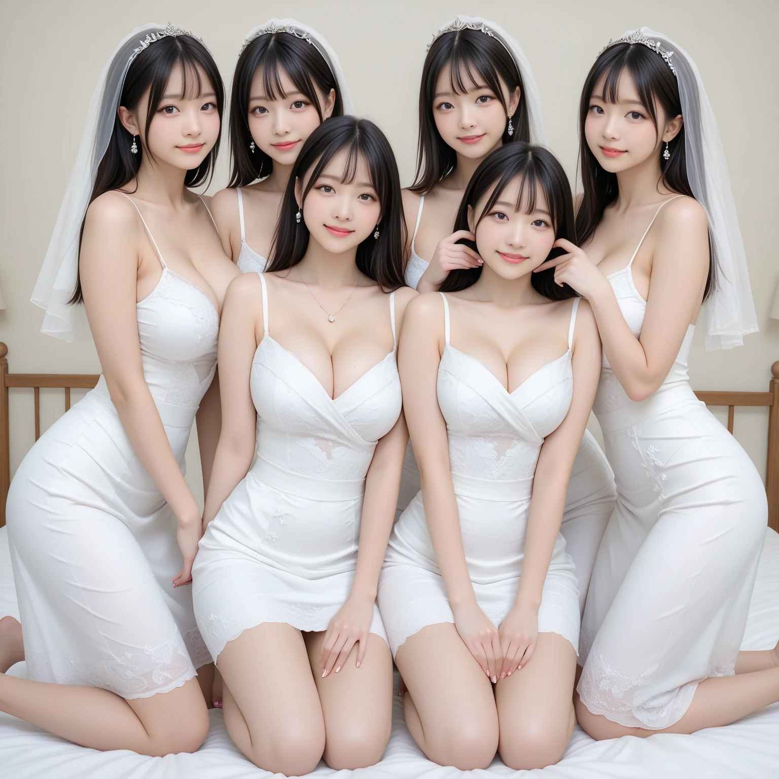 ((Highest quality)), ((masterpiece)), (detailed), Three Girls, sexy、(((Upper body )))、((Maid clothes))、Blonde、Long Hair、Messy bangs、Glasseouth wide open、Young Girl、((They're pressing their  together))、