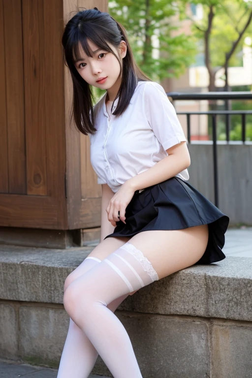 (8K、top-quality、​masterpiece:1.2)、(reallistic、Photorealsitic:1.2)、 Phenomenally cute girl、1６Japan Idols、韓国アイドル、15yo student、A smile、sitting on、(((pantyshot)))、(((Spread your )))、独奏、‎Classroom、watching at viewers、(Sit up:1.5)、In the school、 that looks like it's going to burst、Fine and beautiful eyes、)、(Dark blonde hair:1)、(short-hair:1.1)、pantyshot, Spread your , skirt by the, student clothes, white  panties, sockes, A dark-haired, The shirt, bblurry, blurry backround, knee high, white  shirt, lowfers, life-like, length hair, s lips, Brown-eyed, Black socks, neck tie, pleatedskirt, the bow, head rest, looking to side, plein air, Brown Footwear, ​masterpiece, top-quality, ultra-detailliert、(((pantyshot)))、(((Spread your )))、Inviting eyes