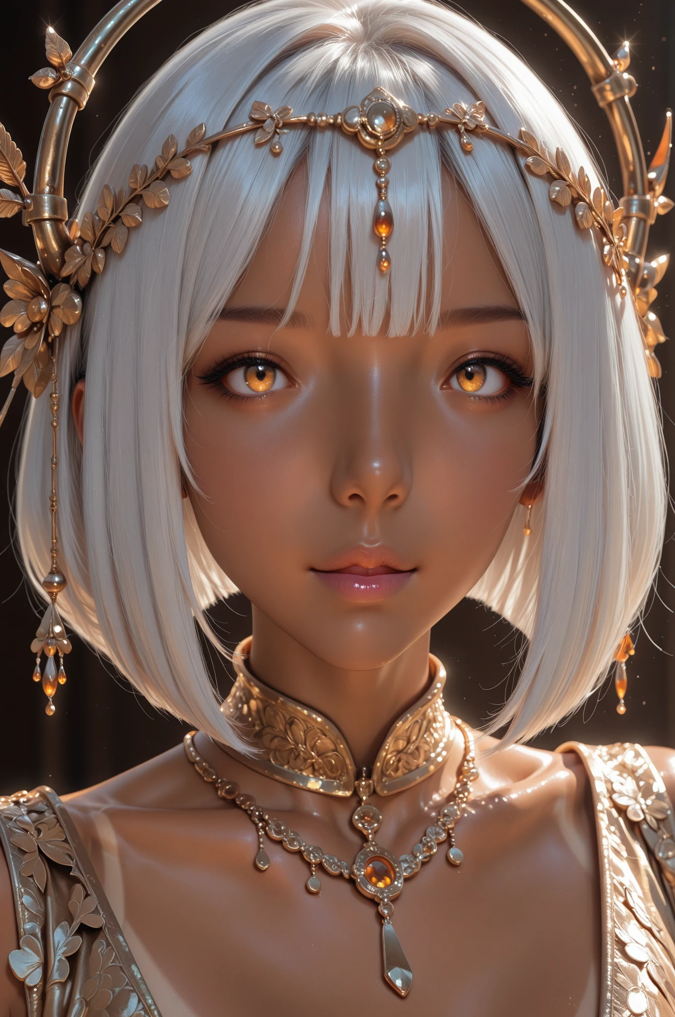 mksks style, 1girl, cute, surrounded by yellow lighting, gold eyes, white hair, black background, closeup, no smile, masterpiece, ultra detailed