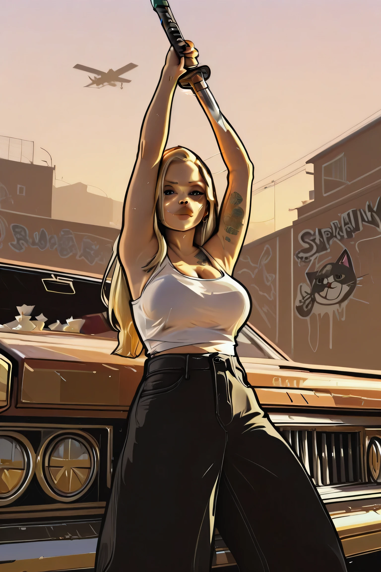 score_9,score_8_up,score_7_up,score_6_up,top quality, very detailed, super high resolution,32k uhd, sharp concentration, best quality , masterpiece, emotionalization , Golden Hour, unconventional supreme masterpiece, Stunning Details, Warm atmosphere, with a high-end texture, in the style of a fashion photo, Dynamic Angle, dynamic posture, fighting pose, she has a katana in her hand, katana and arms above her head, There is a cat
1 girl, 20th Generation {blonde hair, SEMI-LONG HAIR, Big Breasts, Gloss on Lips ,}
,katana, Tattoo, pants, tank top, she only has a tanktop on,
You drop,
{Los Santos street battle, graffiti, Bullet Holes, and a stolen bill falls,} car, wet wall , used tissue,