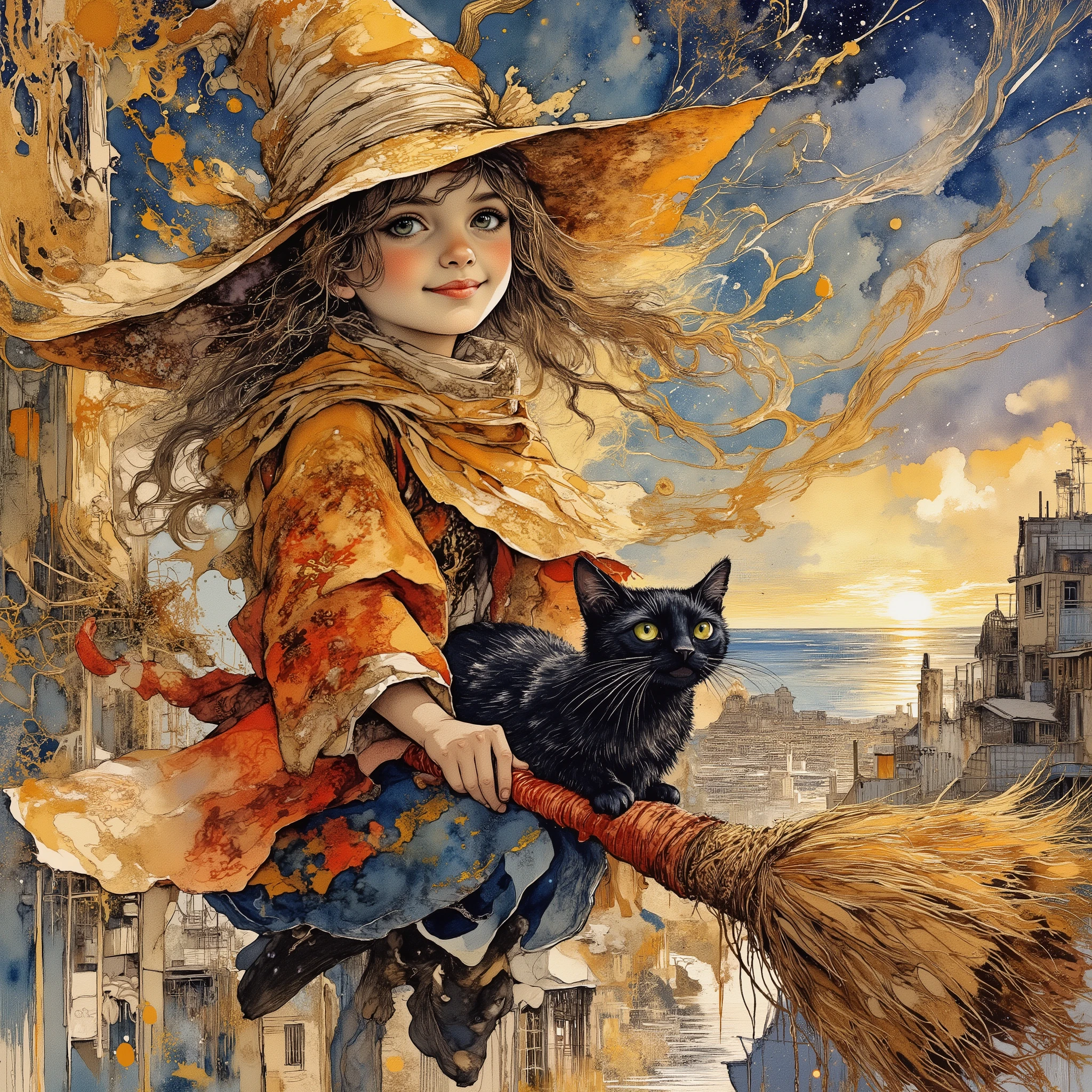 watercolor painting, watercolor (style) ( Watercolor Wind), aquarelle, watery (fresh), transparent (Transparency), bloom (Bleeding), water stain (Water marks)Young Witch Kiki,Kuroneko Gigi,Flying in the Sky,red magic broom,Seaside town,at dusk,warm colors,fantasy,Realistic,HDR,UHD,extreme detail,professional,brightly colored,Bokeh,fantasy,Blue Sky,The city dyed by the sunset,Romantic Atmosphere,Magical,fantastic,Character Poses,Character Expressions,character behavior,character clothes,Character Accessories,Aerial,big magic broom